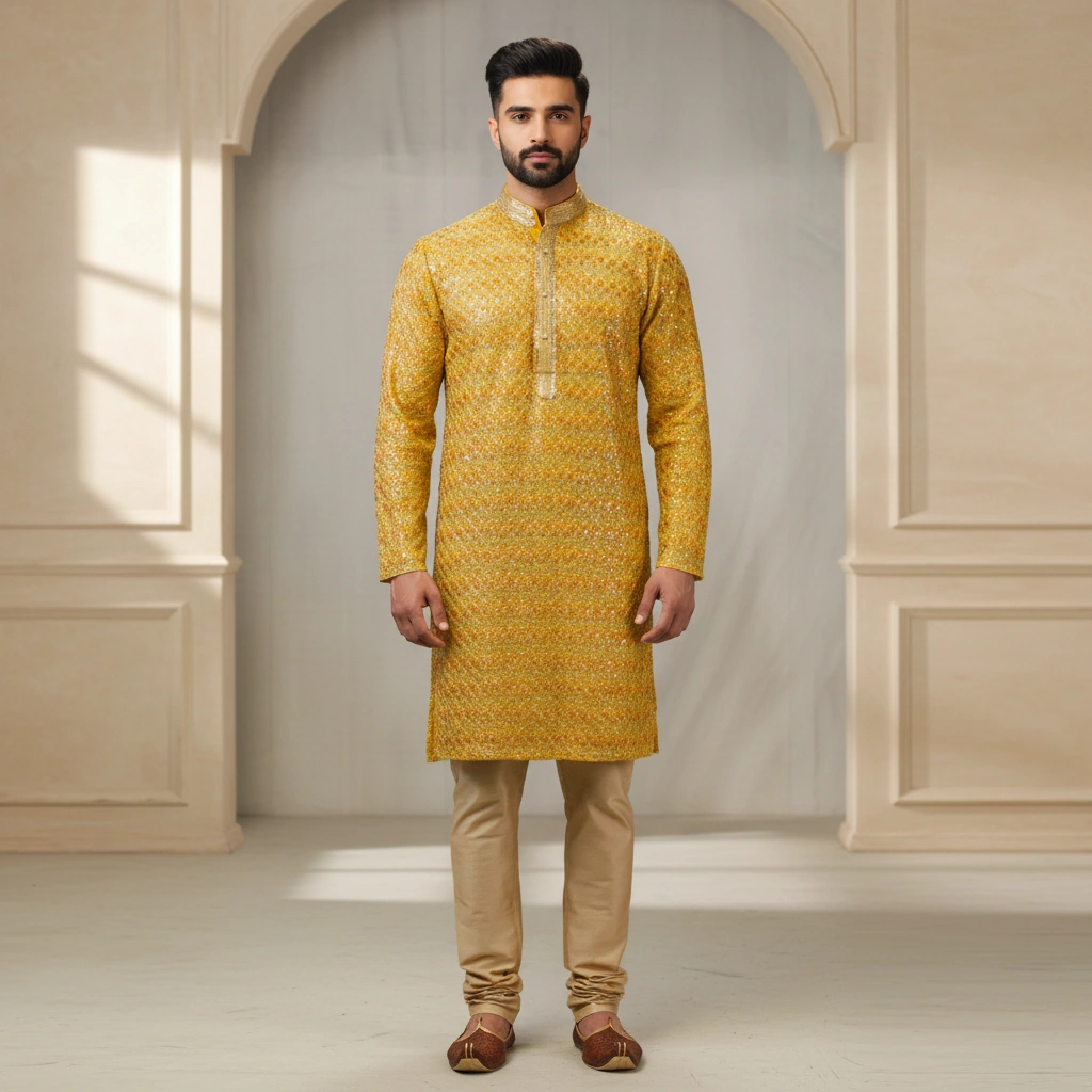 Yellow Base Kurta with Gold Sequin Checks & Mirror Work, Full Sleeves