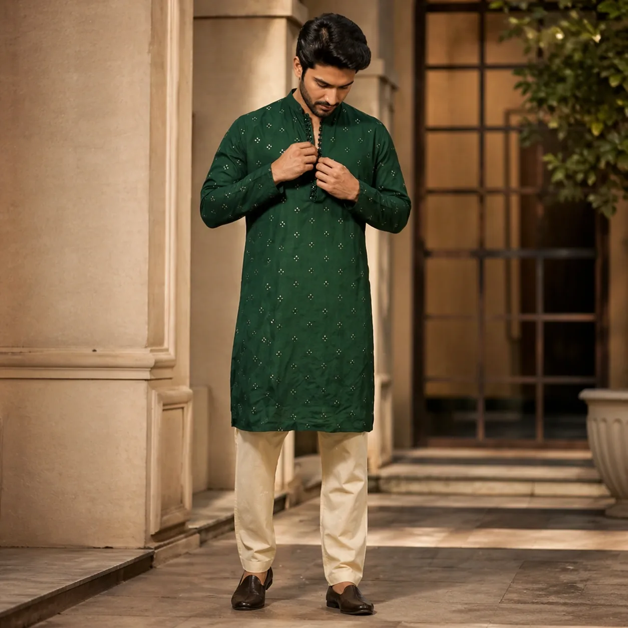 Dark Green Golden Thread Flower Work Kurta on Rent