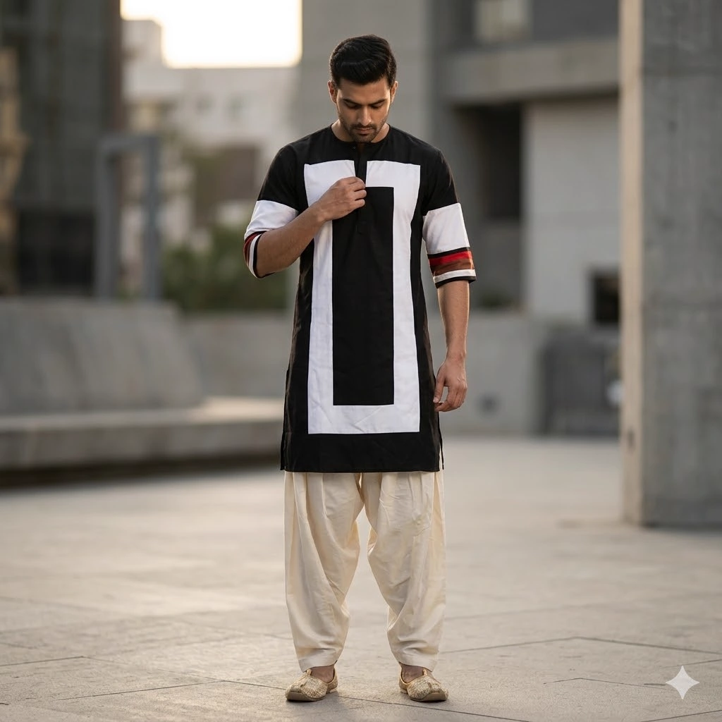 Black & White Short Kurta with Brown & Red Striped Sleeves on Rent