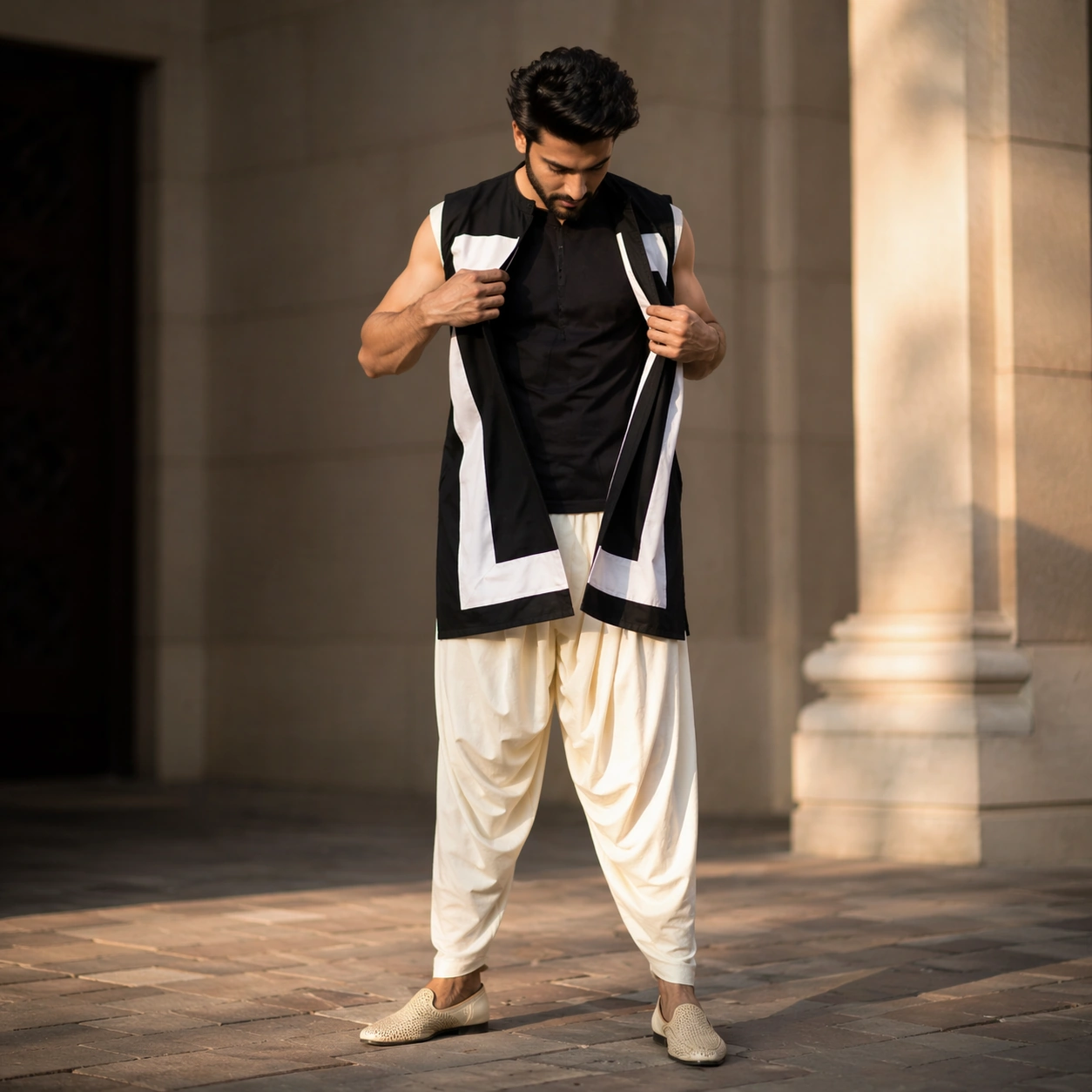 Black Short Kurta with Red & White Print on Rent in Mumbai