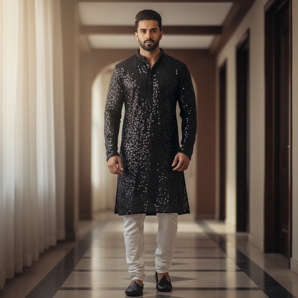 Blackish Grey Cut Dana Sequin Long Kurta on Rent in Mumbai