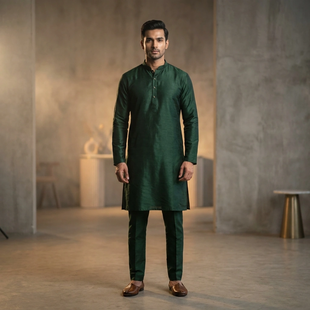 Dark Bottle Green Golden Printed Kurta on Rent
