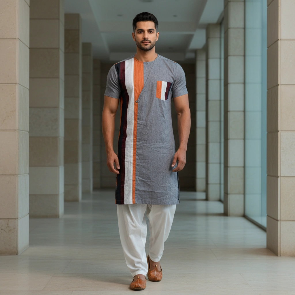 Silver Grey Base Kurta with Multicolour Stripe Kali, Cross-Over Front & Full Sleeves