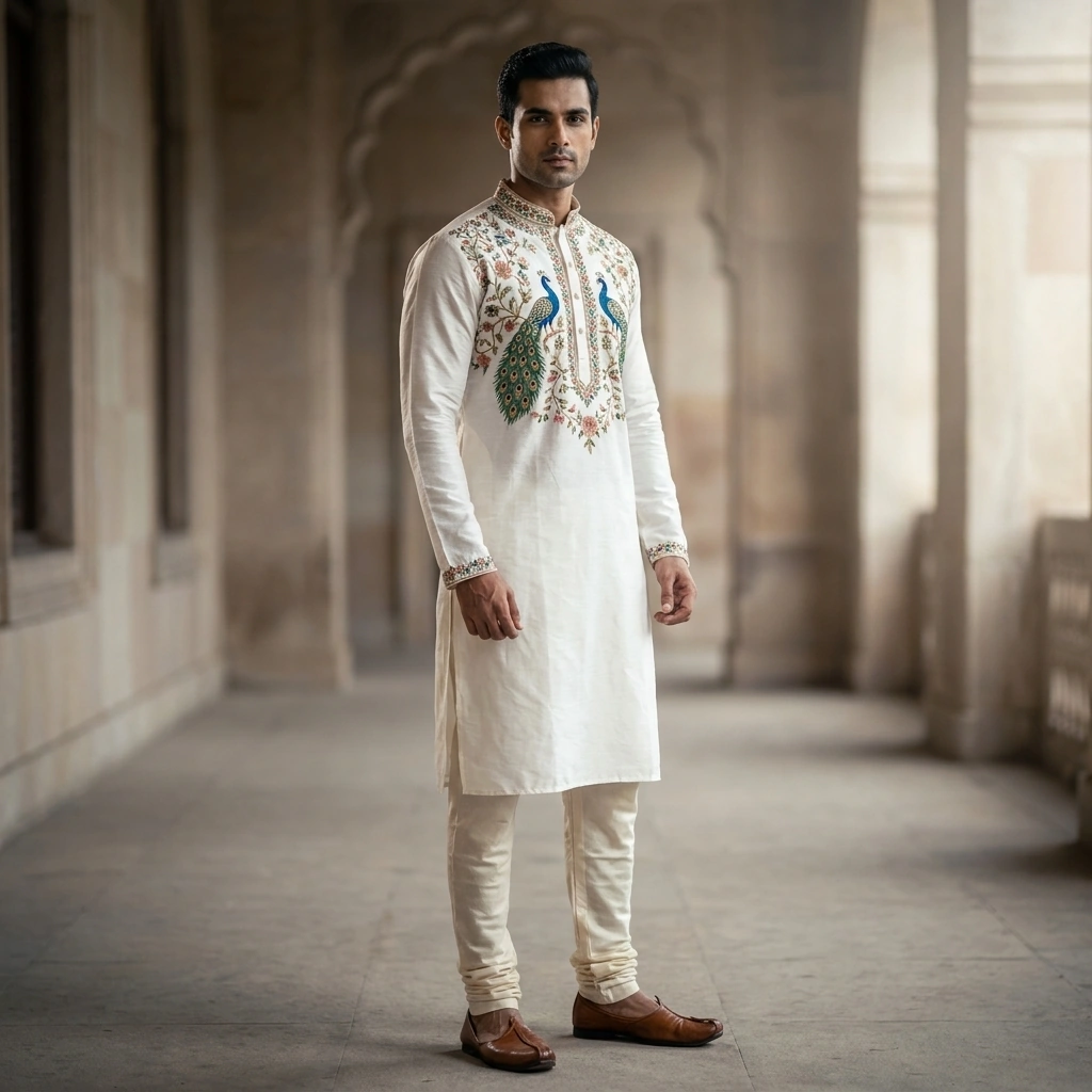 White Long Kurta with Silver Star Work & Multicolour Animal Print, Stand Collar & Full Sleeves