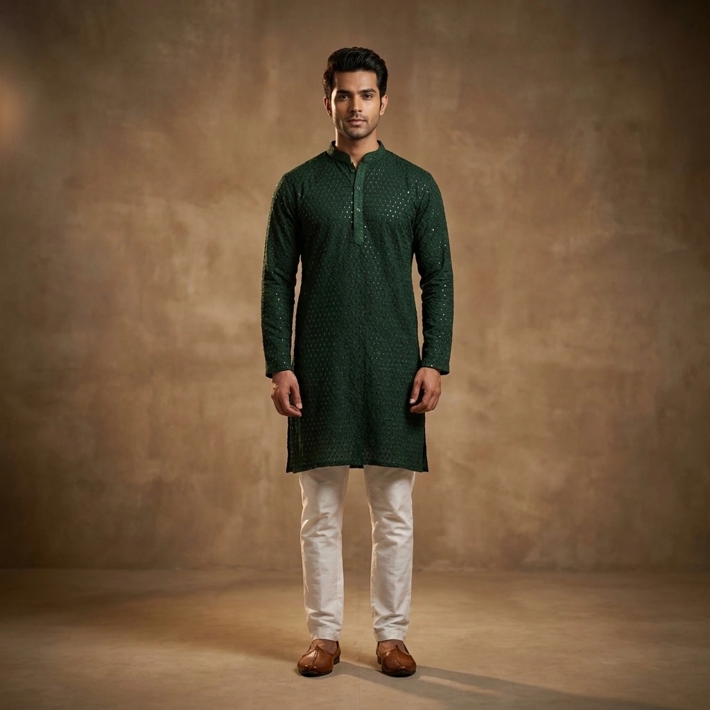 Bottle Green Mirror & Sequin Work Kurta on Rent in Mumbai
