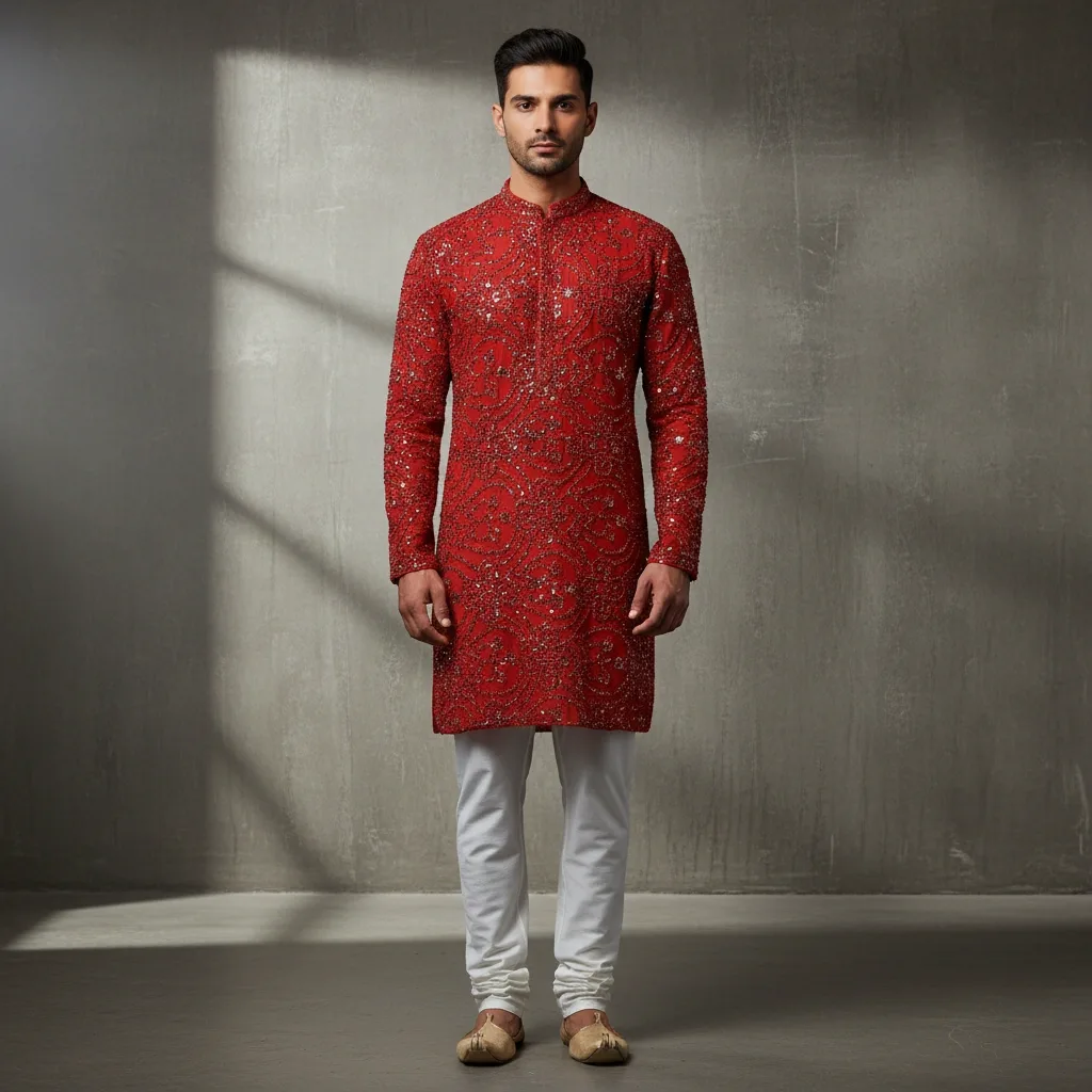 Men's Red Chinese Collar Kurta with All-Over Mirror & Thread Work, Full Sleeves