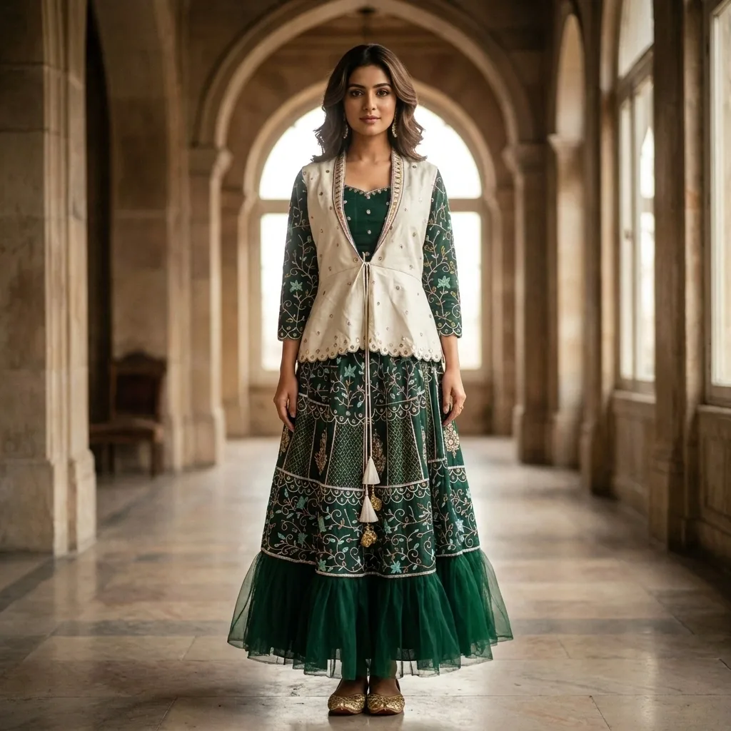 Bottle Green Zari Festive Lehenga Choli Rental