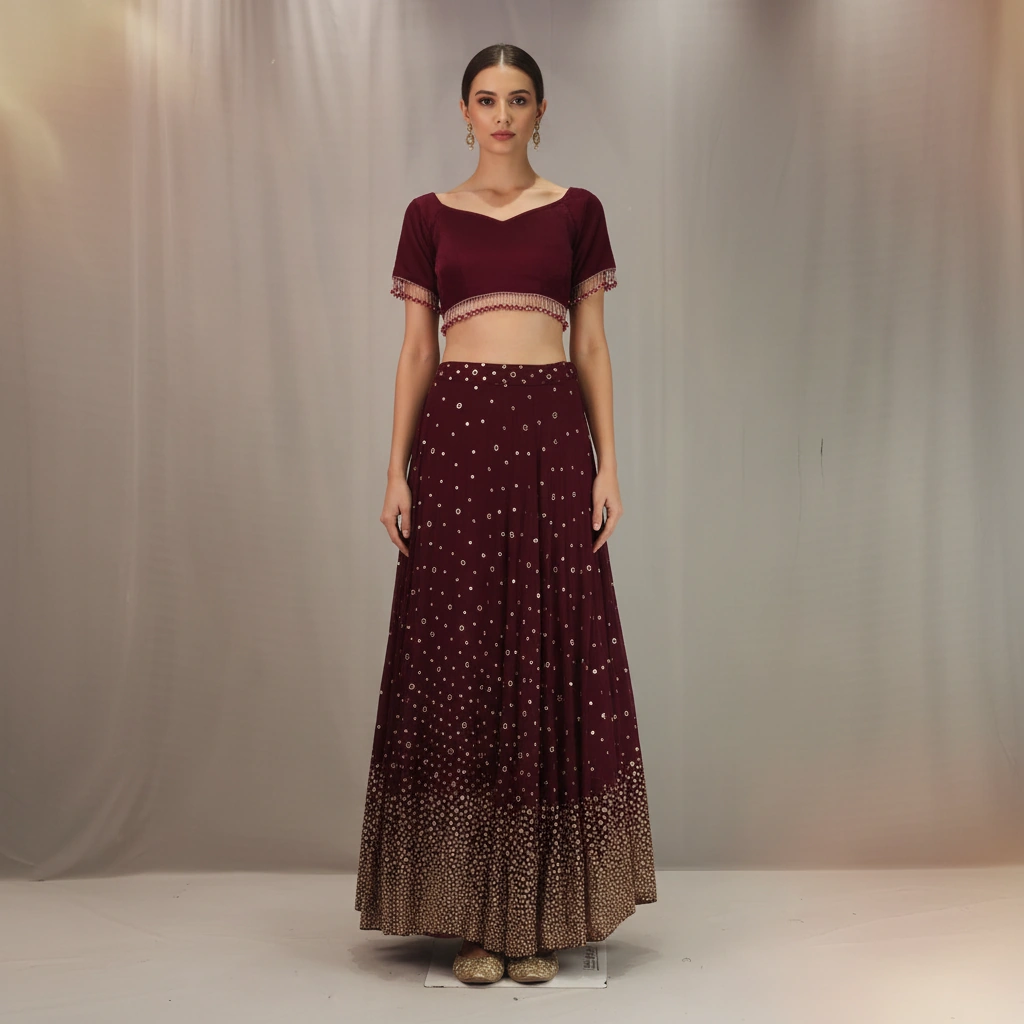 Dark Red Party Wear Lehenga Choli Rental
