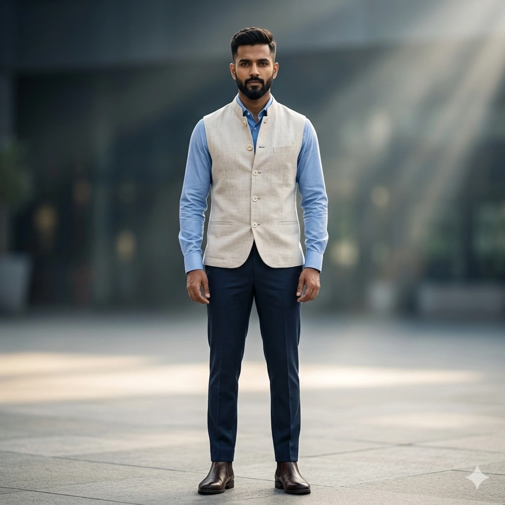 Men's Beige Khadi-Style Nehru Jacket
