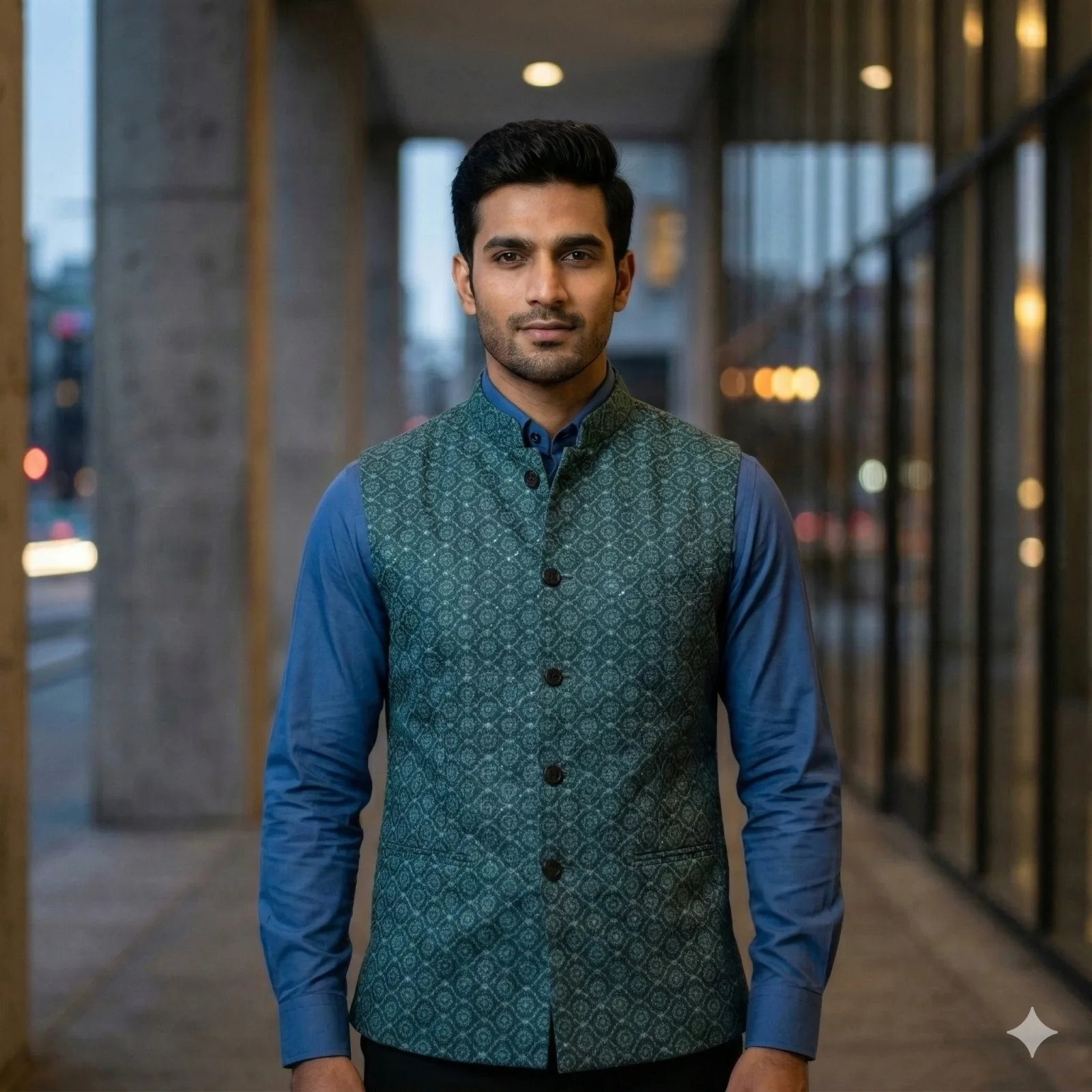 Men's Bottle Green Nehru Jacket with White Print
