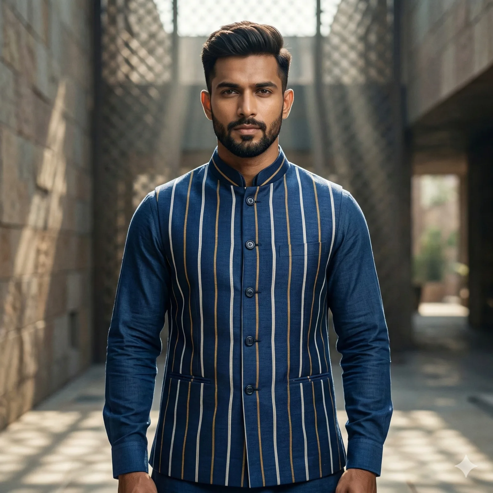 Men's Navy Blue & Gold Stripes Sleeveless Nehru Jacket