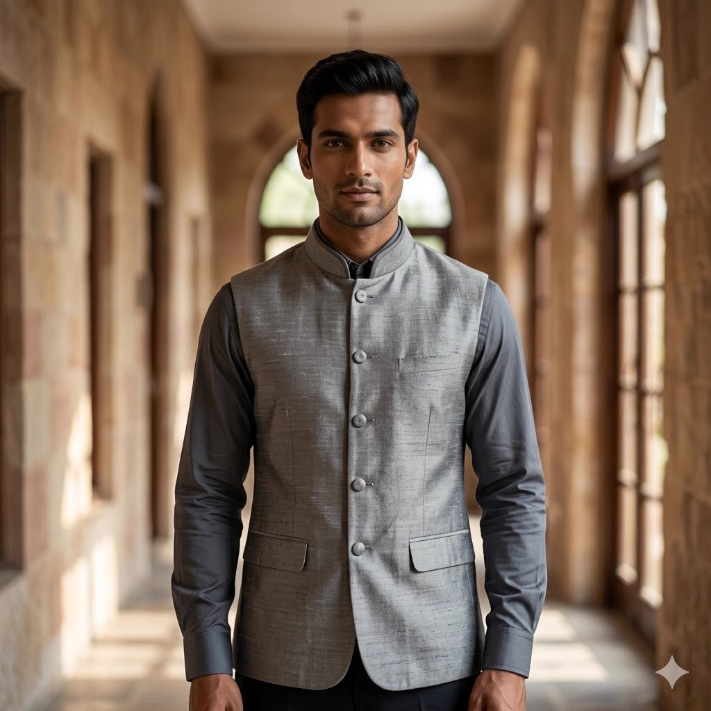 Men's Silver Nehru Jacket with Front Pocket