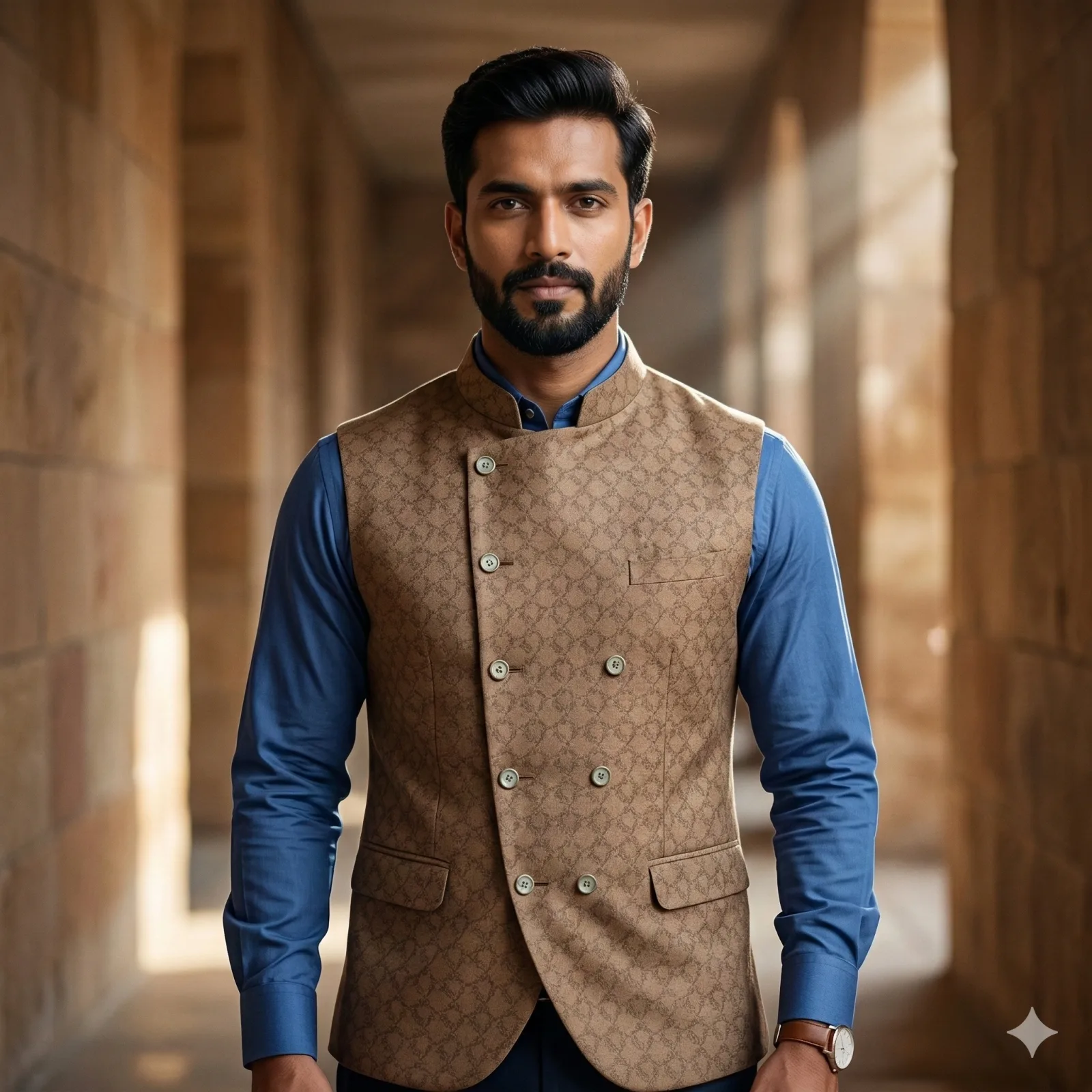 Men's Khaki Printed Nehru Jacket with Front Threaded Pocket