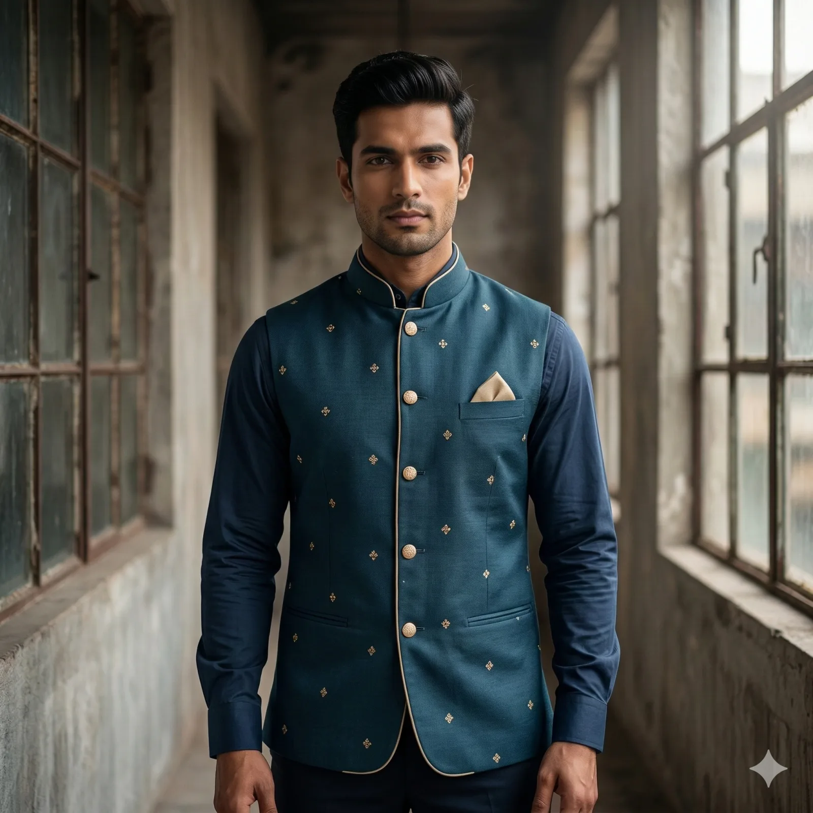 Men's Peacock Blue Nehru Jacket with Beige Small Box Print & Beige Piping