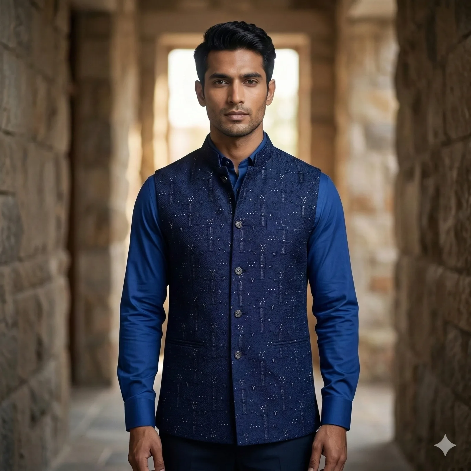 Dark Navy Blue Self-Thread Work All-Over Sleeveless Net Jacket