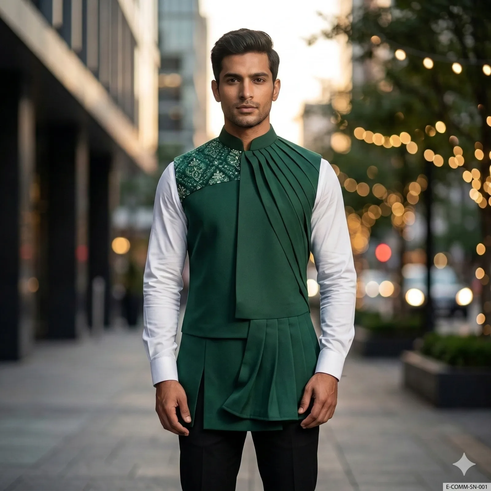 Peacock Green Colour with White Thread Flower Print Indo Sleeveless Neta Jacket