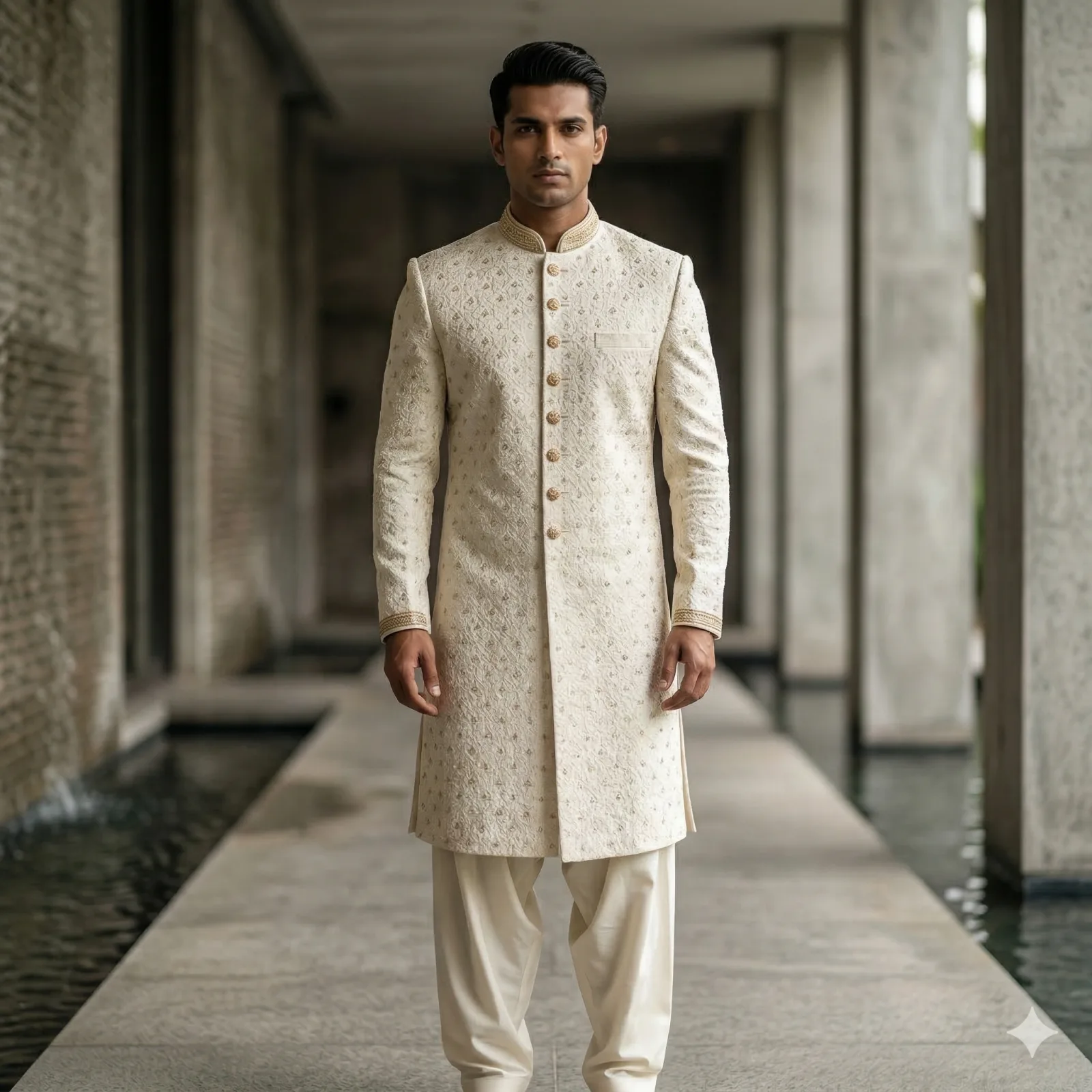 White Sherwani with Self-Thread, Chikankari & Golden Tikki Work