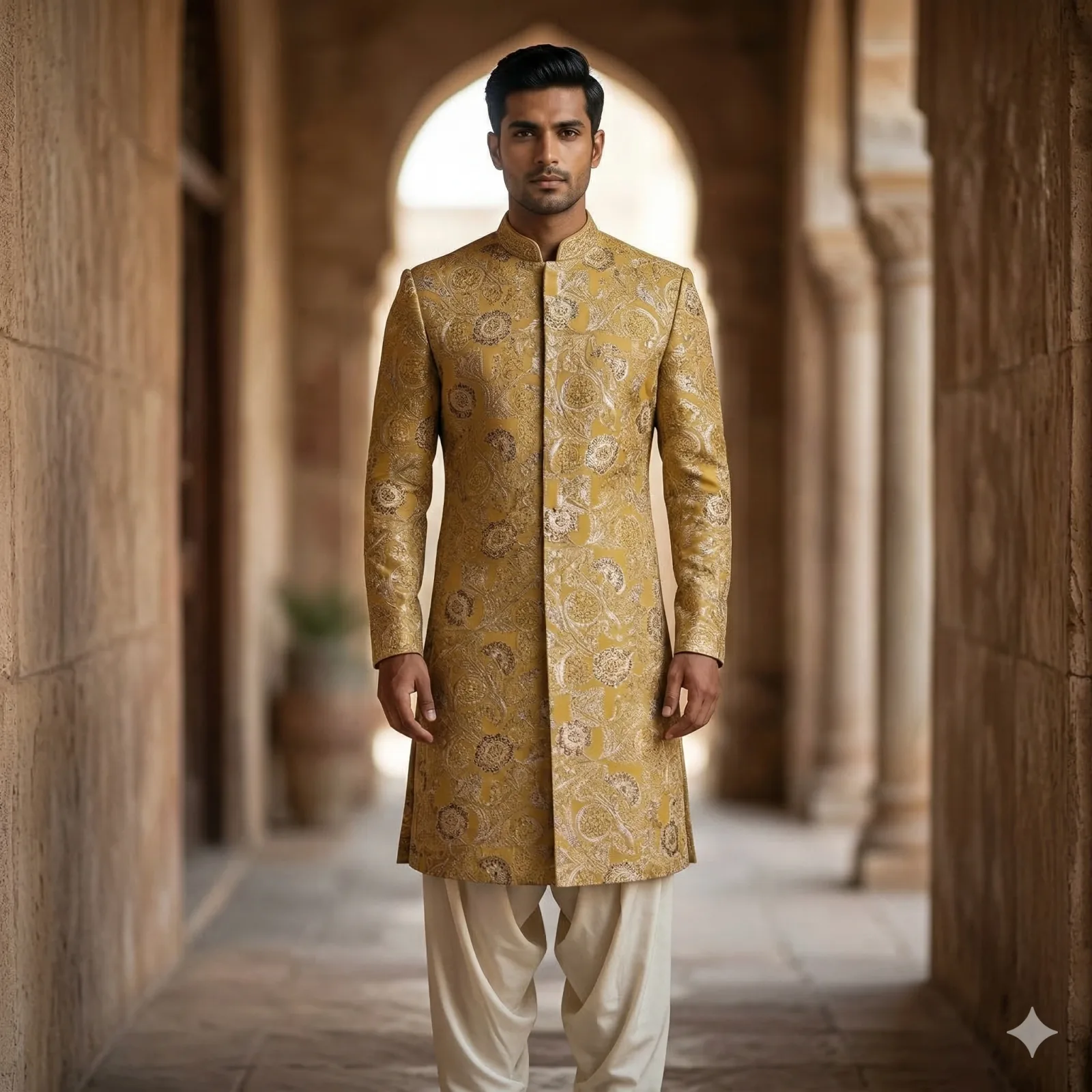 Golden Beige Self, Gold & Cut Dana Heavy Sherwani