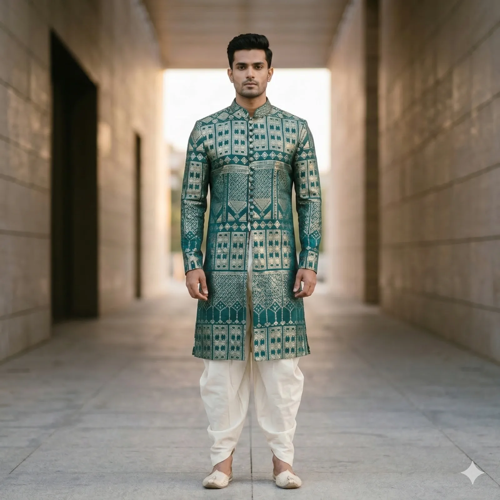 Dark Peacock Green Sherwani with Golden Sequin & Thread Work