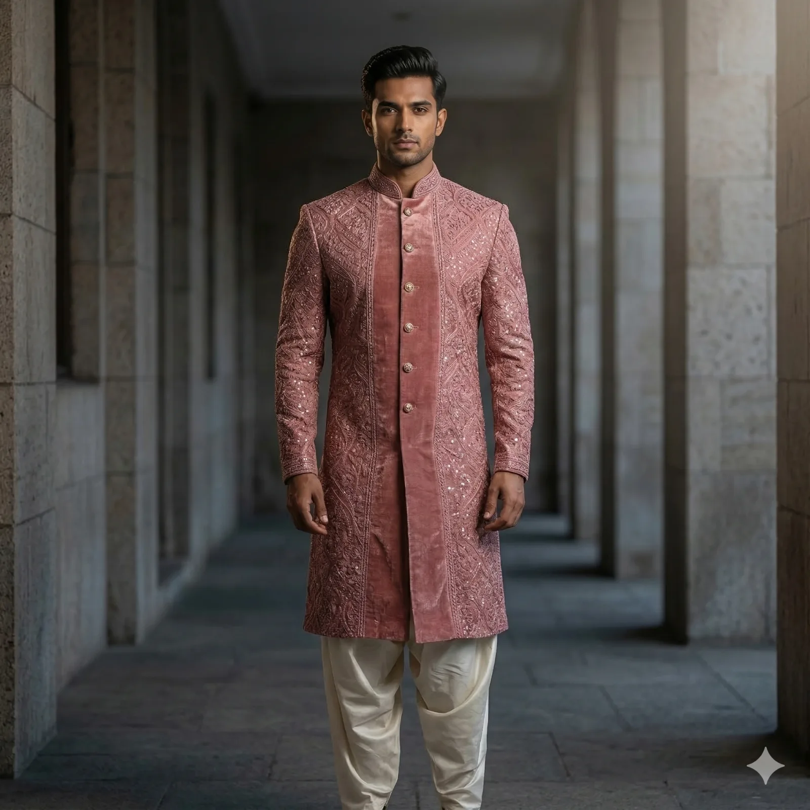 Dark Onion Pink Plain Raw Silk Heavy Sherwani