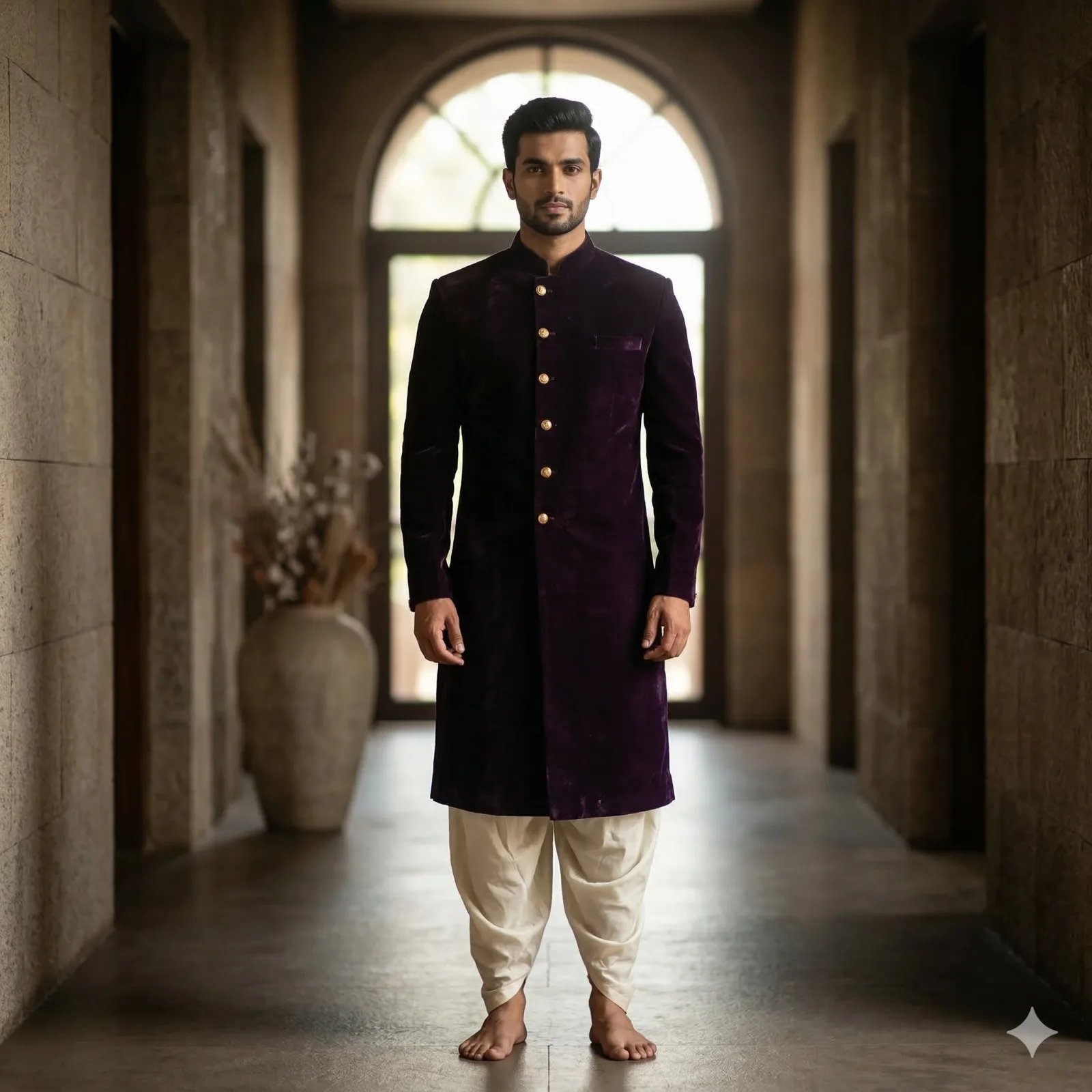 Dark Wine Velvet Heavy Sherwani with Front Gold Buttons