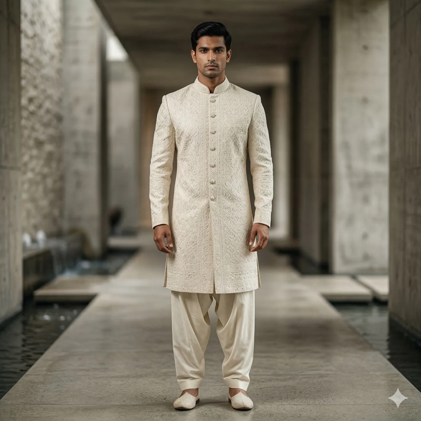 White Self-Thread Work Heavy Front-Open Long Sherwani
