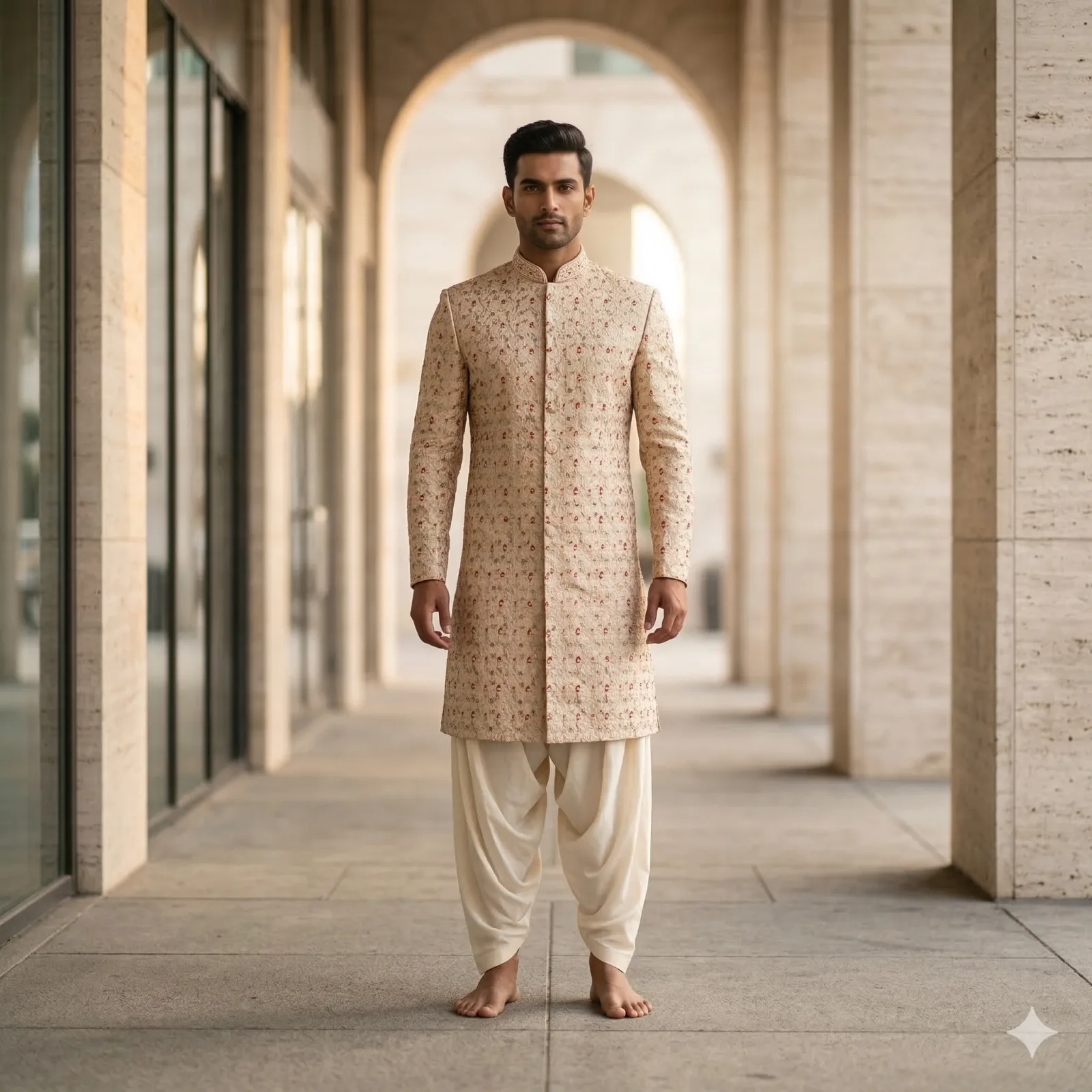 Beige Sherwani with Brown & Peach Thread Work and Gold Buttons