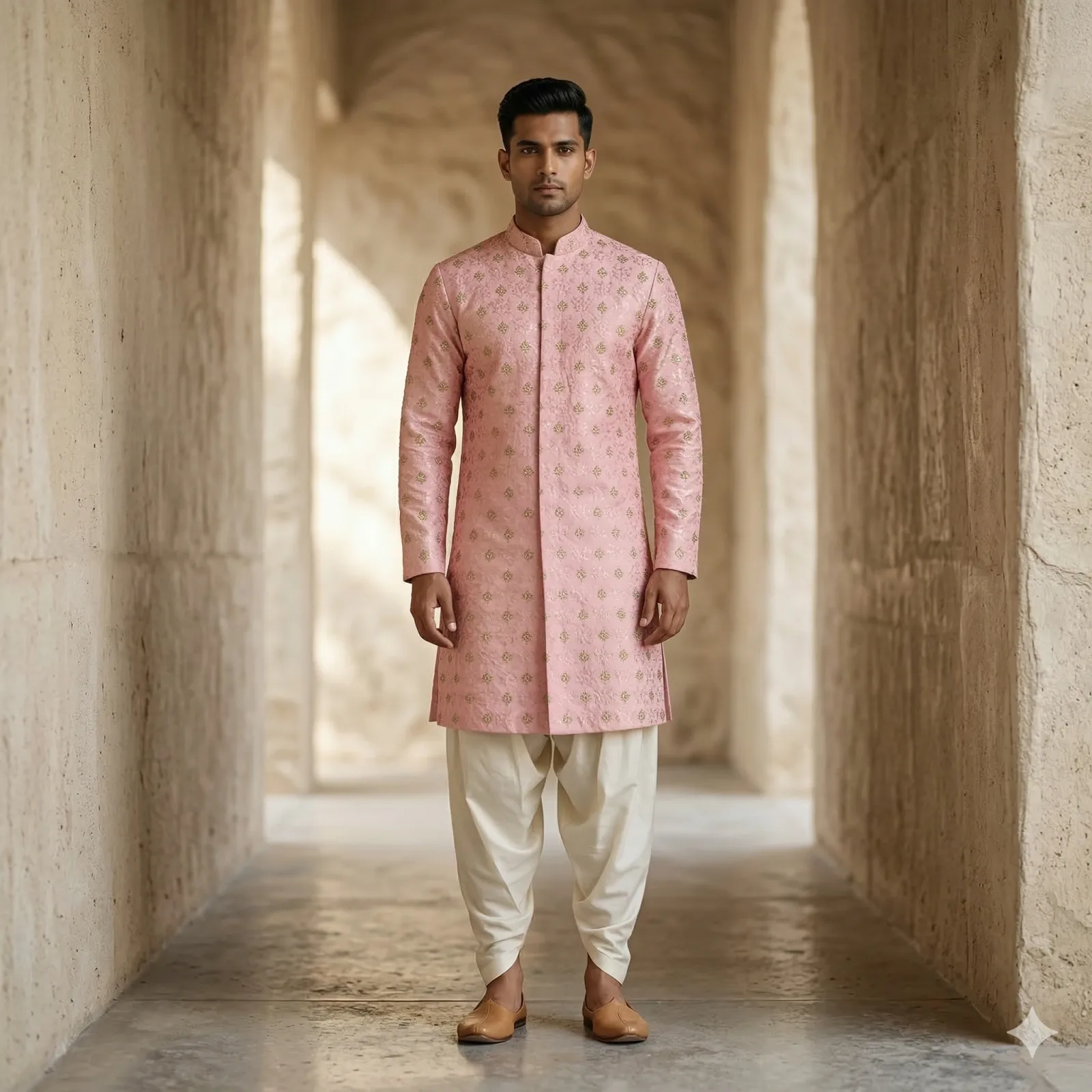 Baby Pink Sherwani with Golden Thread Work, Lace & Tikli Sequin Detailing