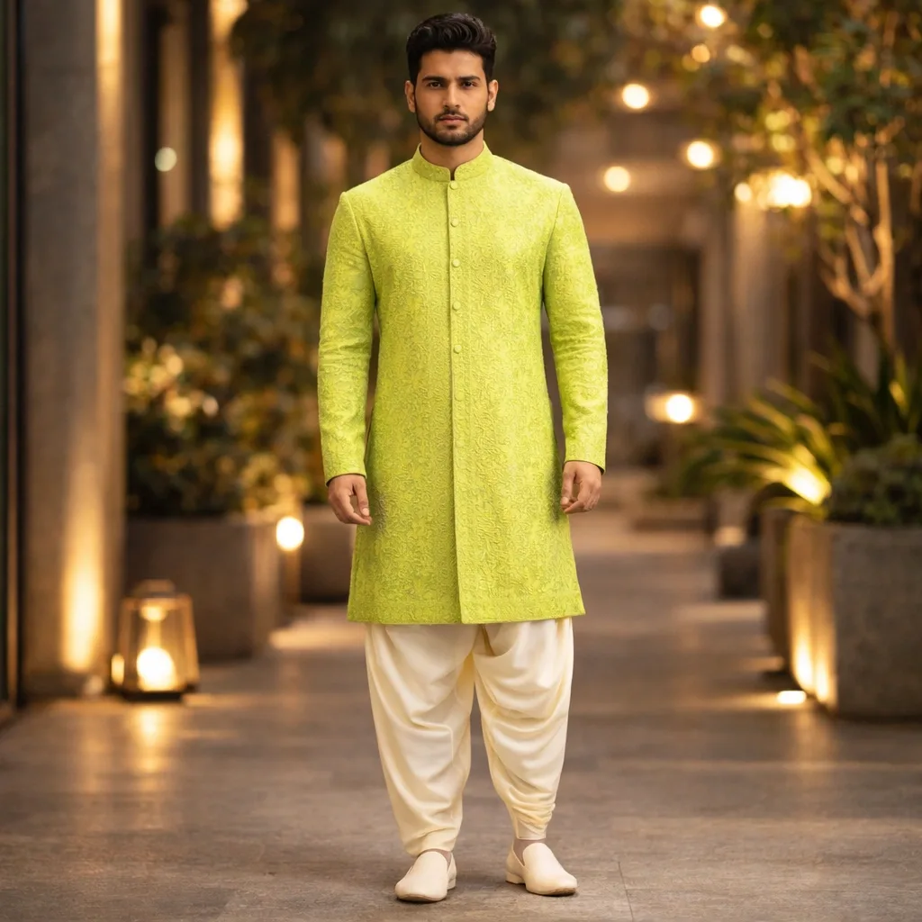 Pista Green Sherwani with Self-Thread & Mirror Work