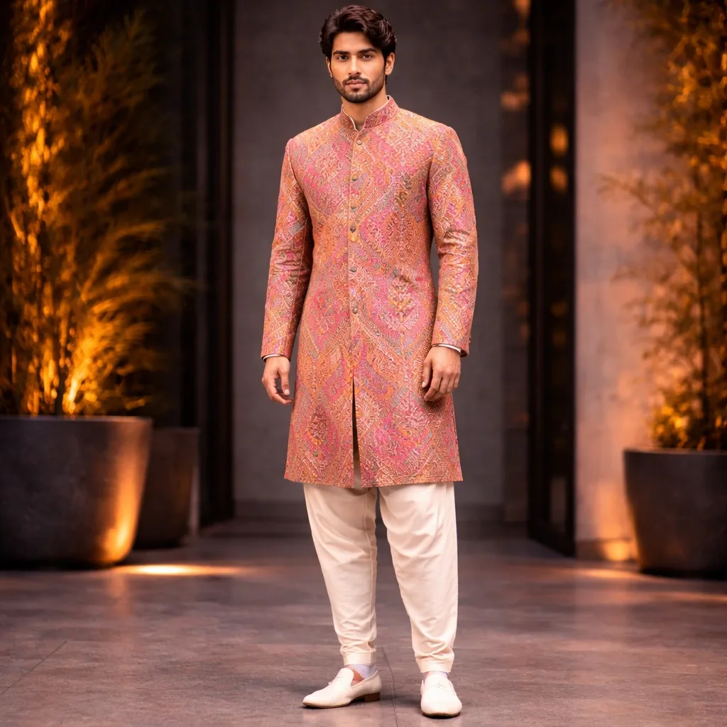 PINK COLOUR BASE ALL OVER PATOLA PRINTED & GOLDEN THREAD , TIKLI WORK STAND COLLAR F/S SHERWANI