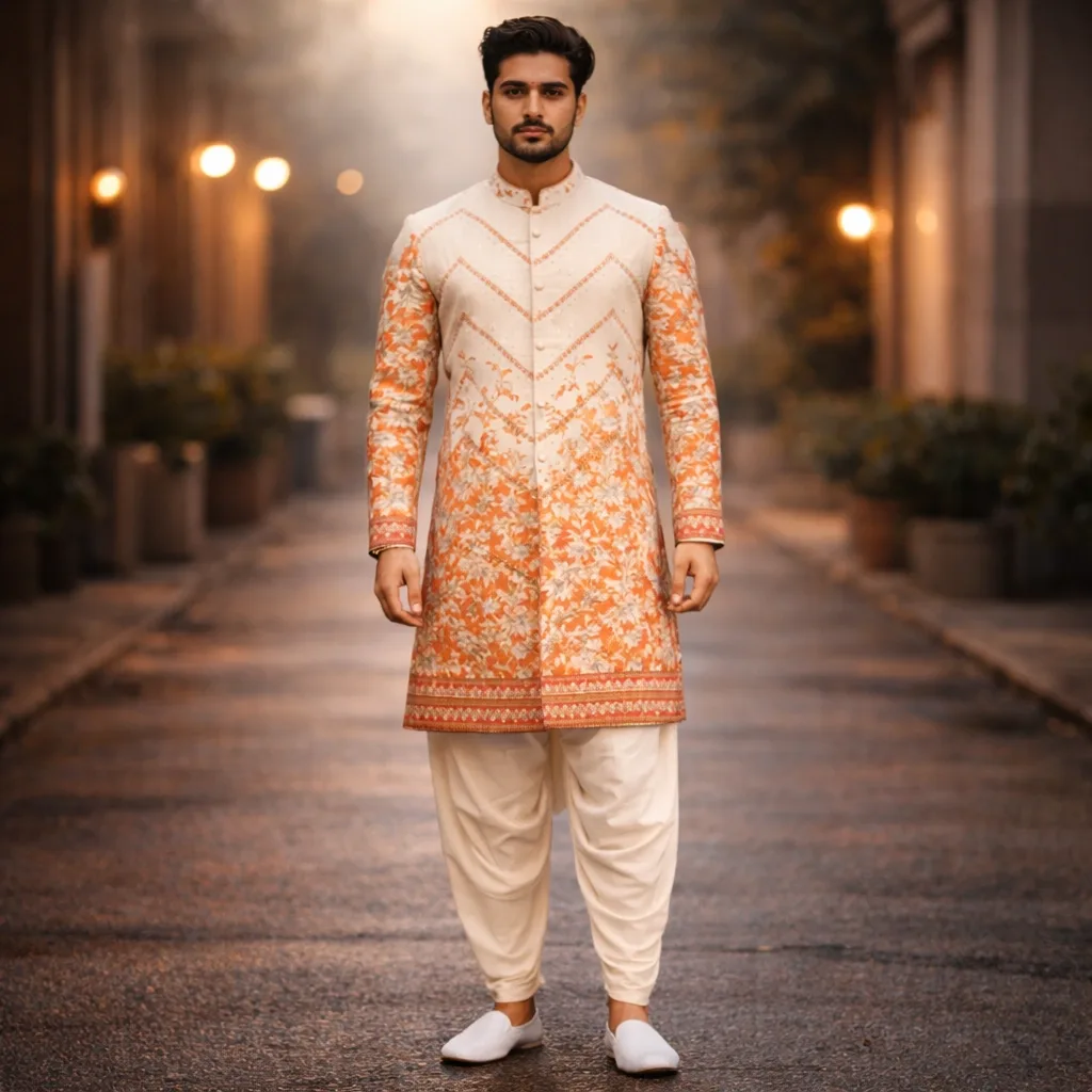Beige Heavy Sherwani with Orange Floral Print, Self-Thread Embroidery & Silver Mirror Work