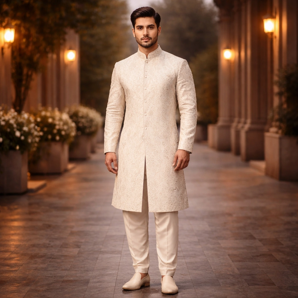 Off White Colour Sherwani with Self Chikankari & Thread Work