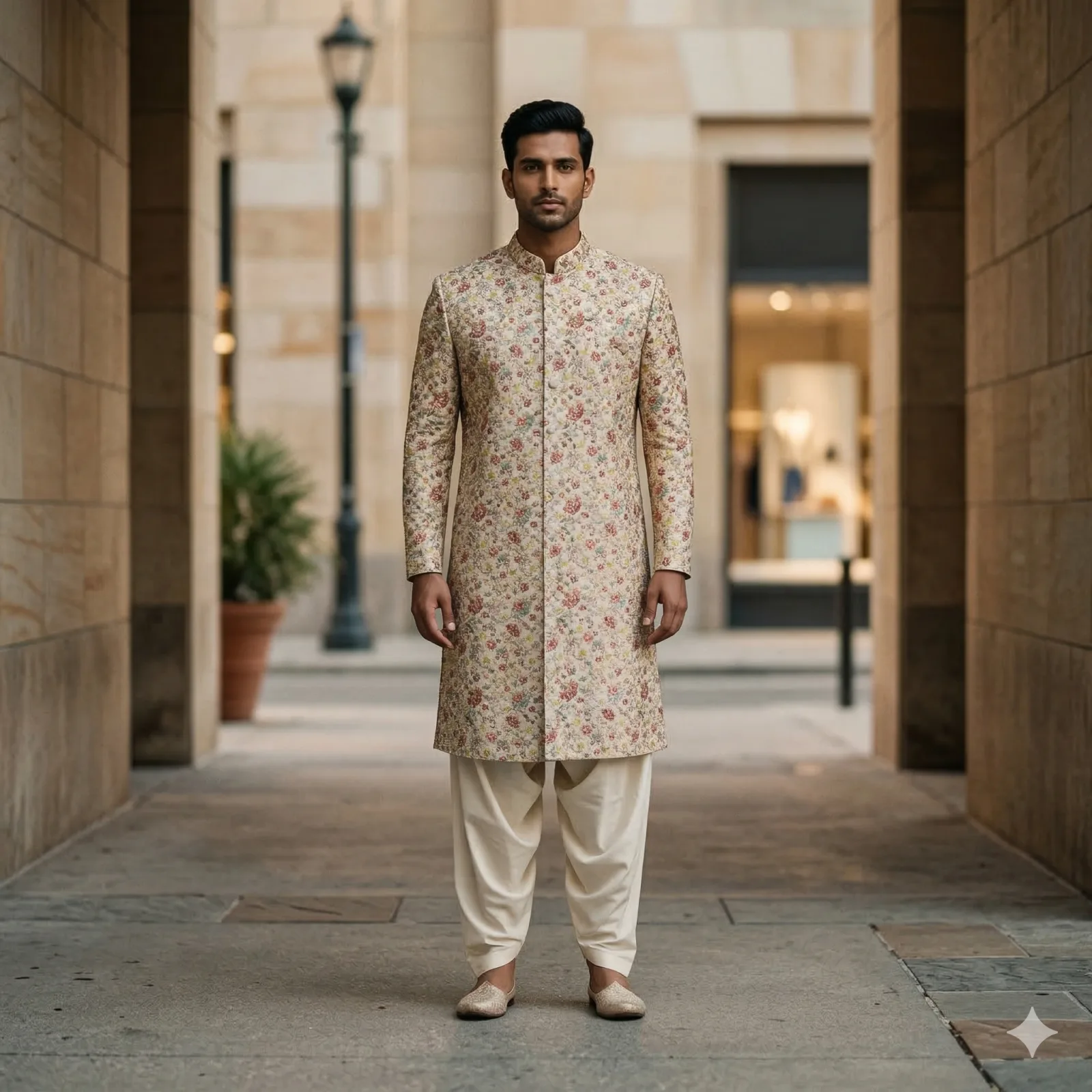 Light Grey Sherwani with Multicolour Self-Thread & Golden Tikki Work