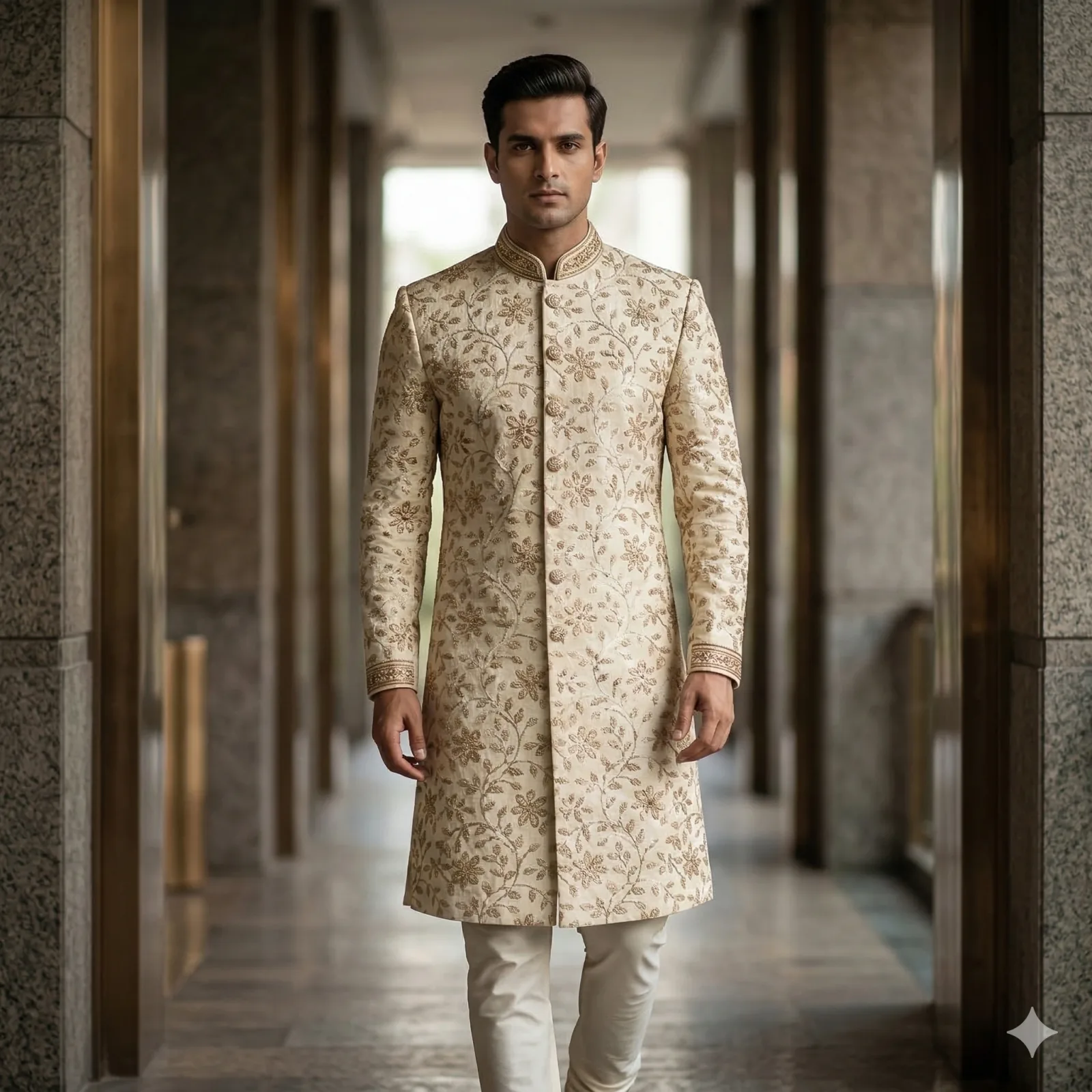 Dull Greyish Beige Sherwani with Golden Tikli & Floral Thread Work