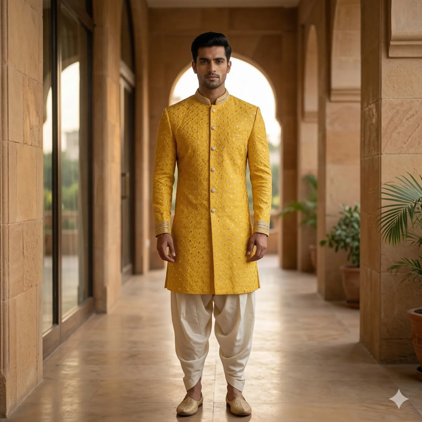 Yellow Self-Thread & Sequin Work Long Sherwani