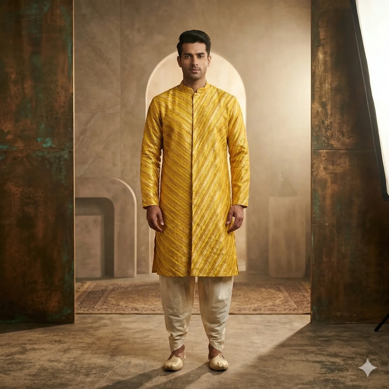 Yellow Sherwani with Golden Tikli Stripe Work