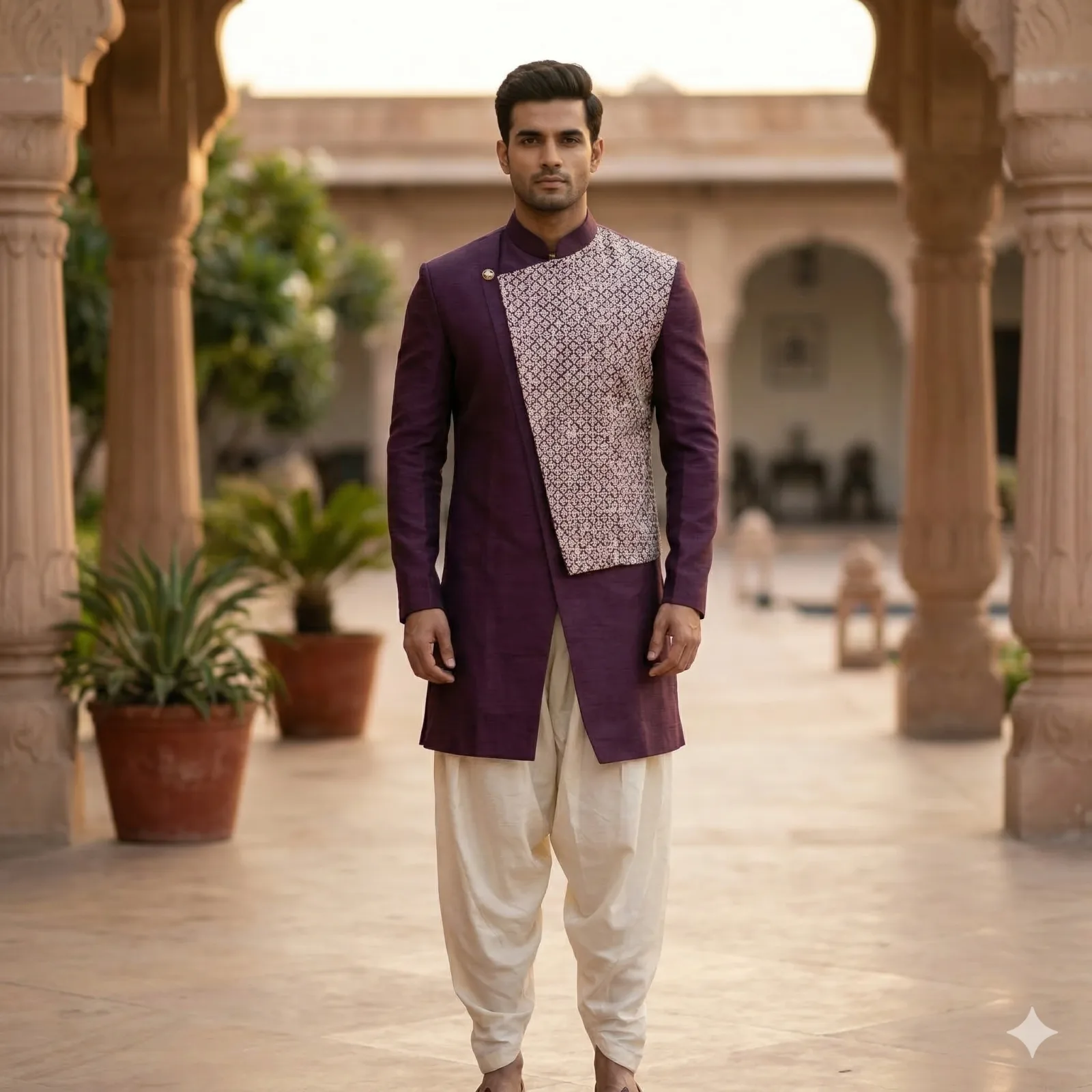 Dark Wine Suede Indo-Western Sherwani with Resham & Cut Dana Work