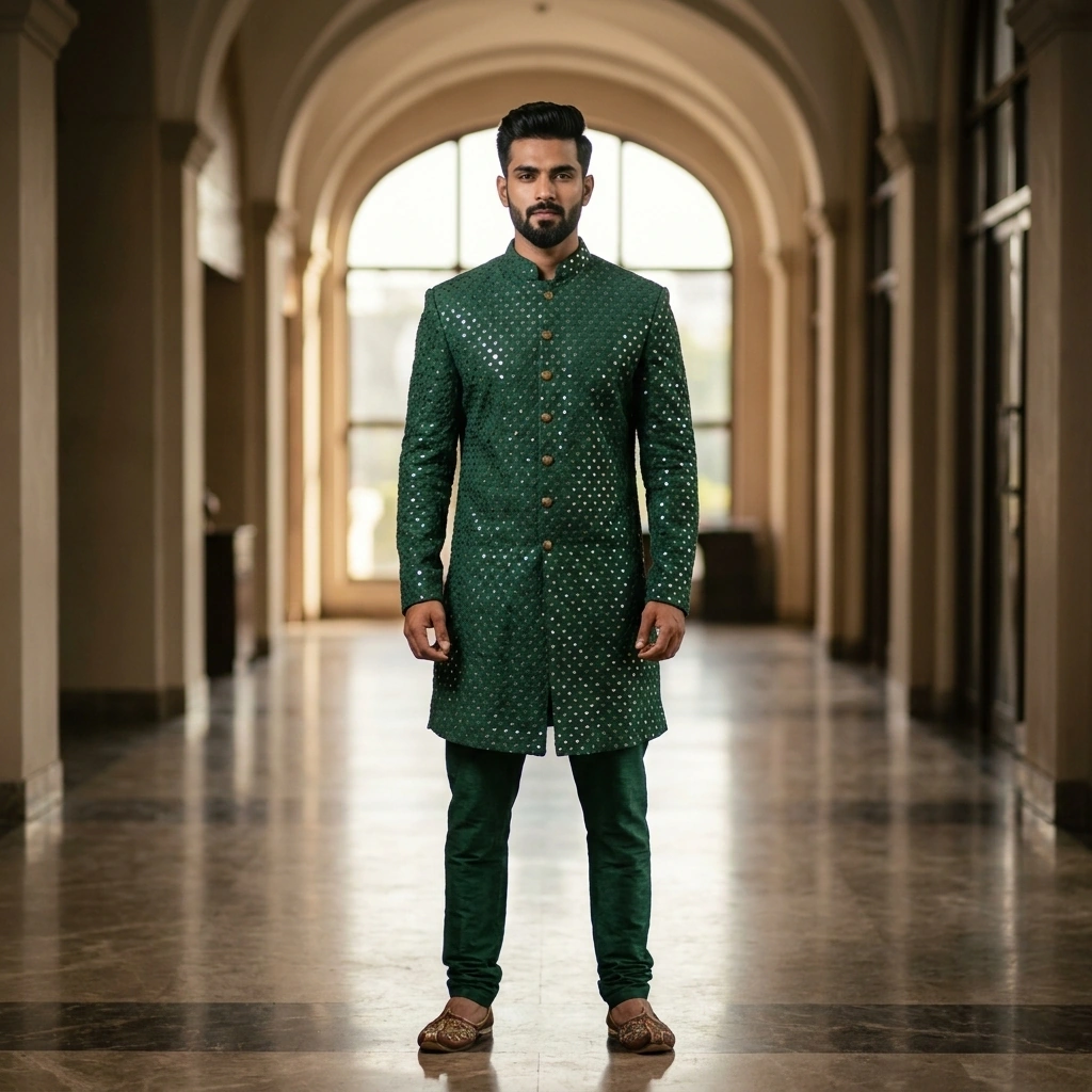 Dark Green Base Sherwani with Heavy Mirror & Self-Lining Work