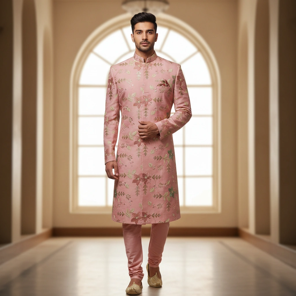 Baby Pink Floral Sherwani with Green & Pink Self-Thread Work