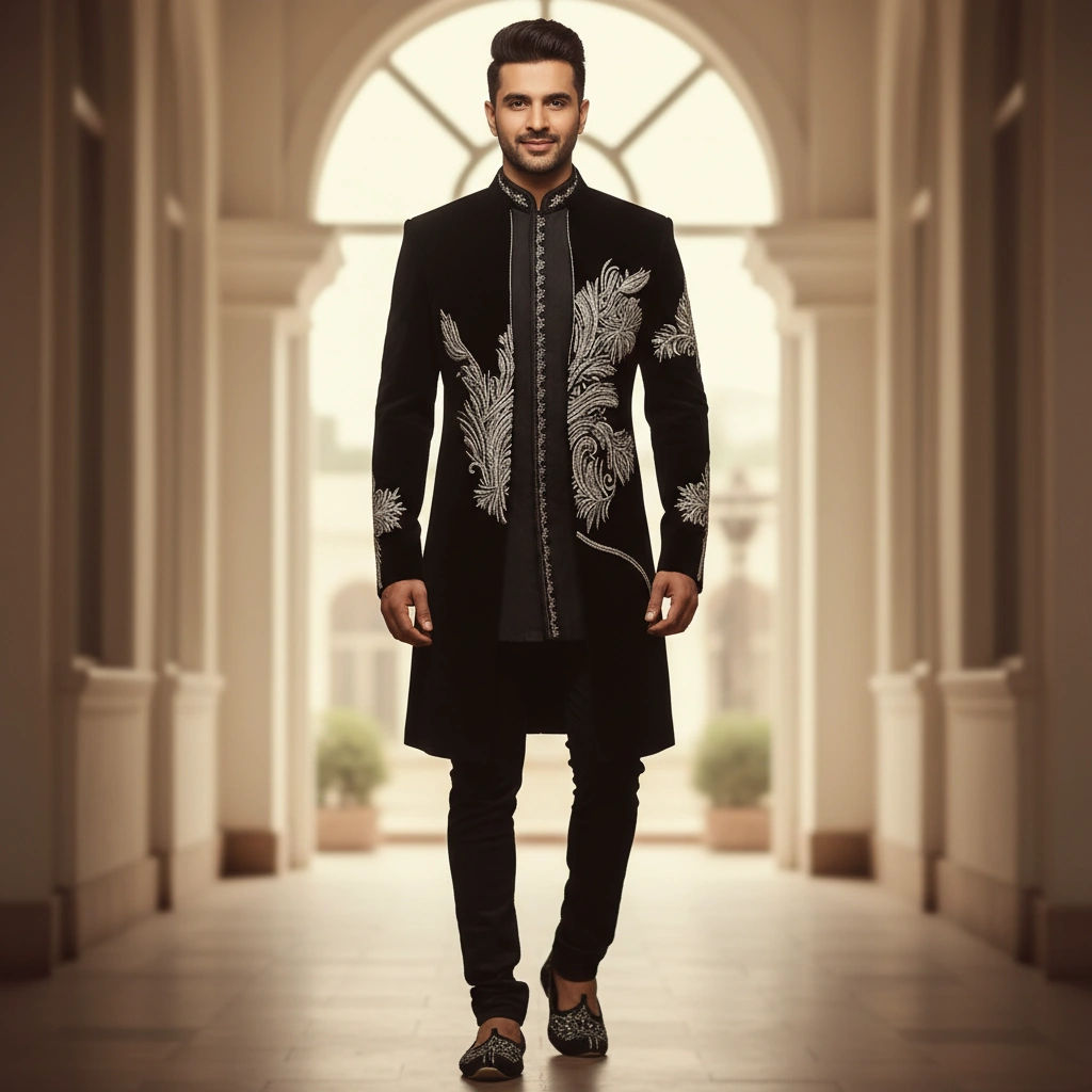 Black Sherwani with Golden Cut Dana & Thread Embroidery