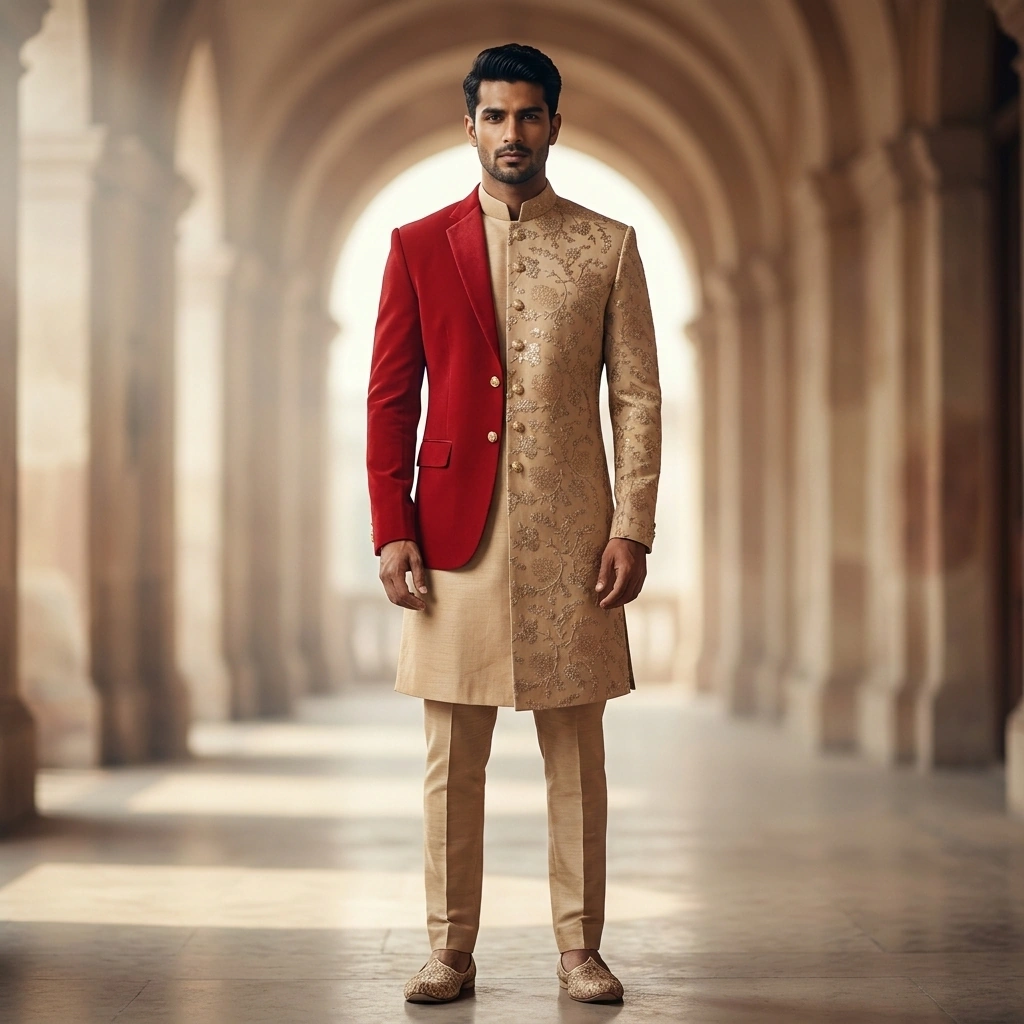 Dark Golden Yellow Self-Thread Embroidery Long Sherwani