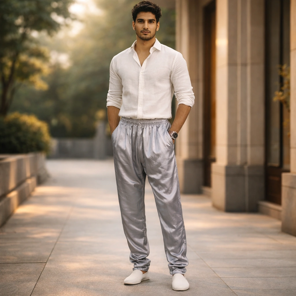 Silver Faux Leather Shining Chinese Pant