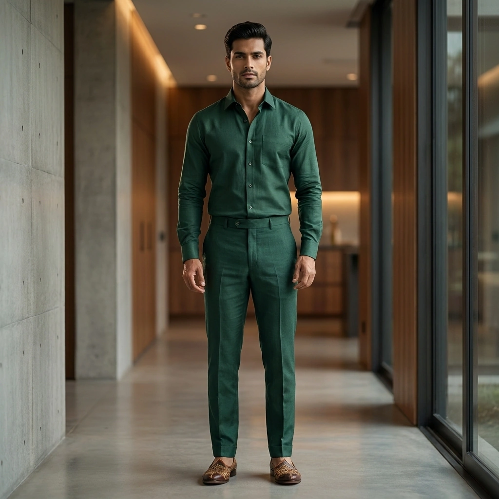 Green Cotton Blend Formal Pant with 2 Pockets