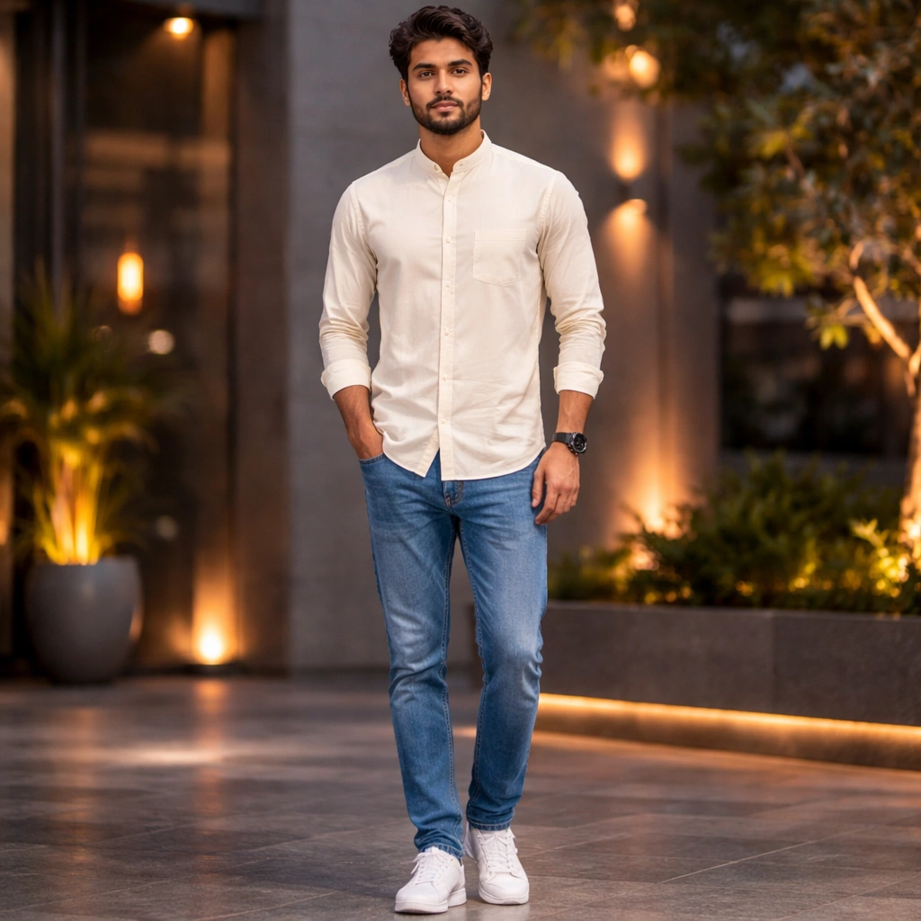 Cream Color Plain Fabric Full-Sleeve Shirt