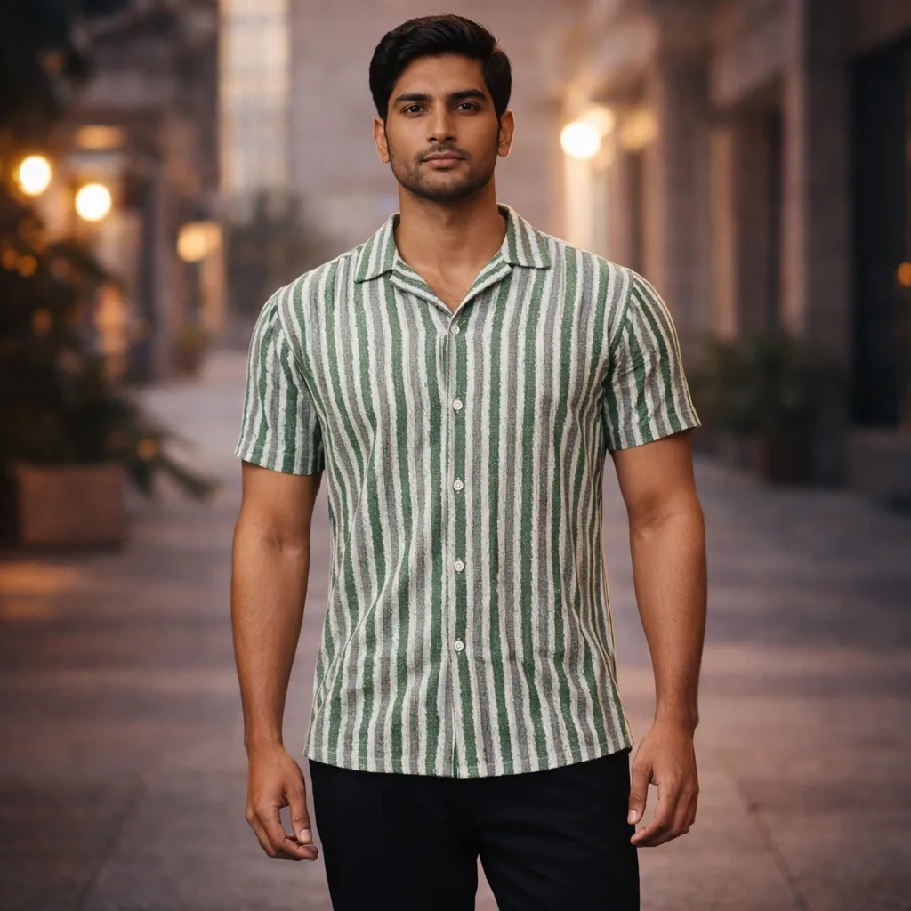 Off White & Green Stripe Self-Texture Half-Sleeve Shirt