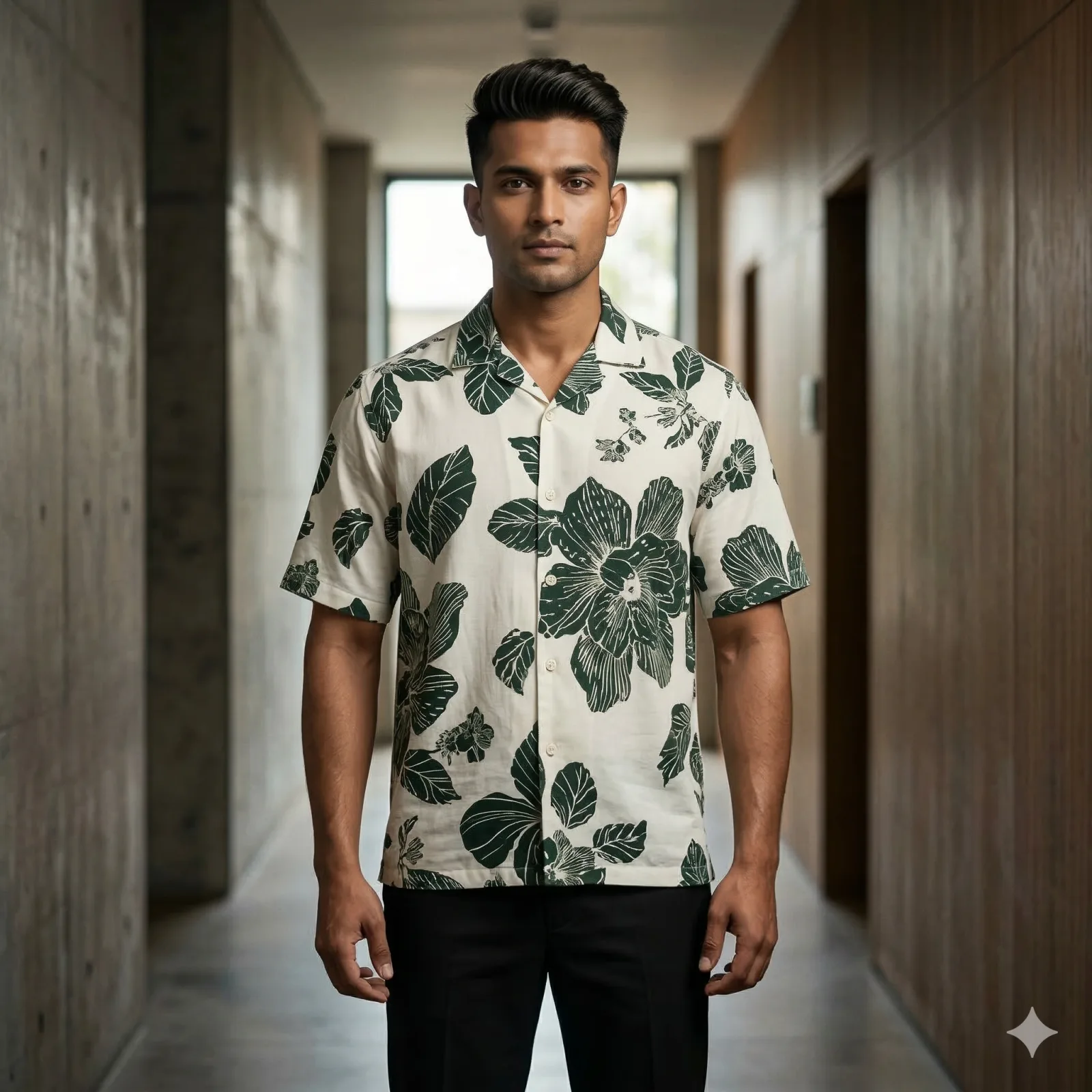White Base Green Big Flower Print Shirt