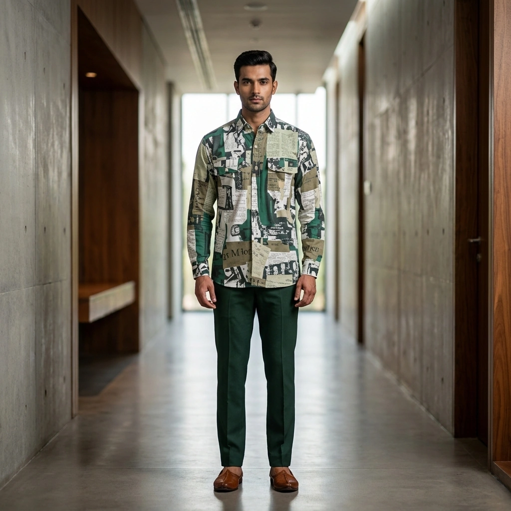 Green, White & Brown Printed Full-Sleeve Shirt