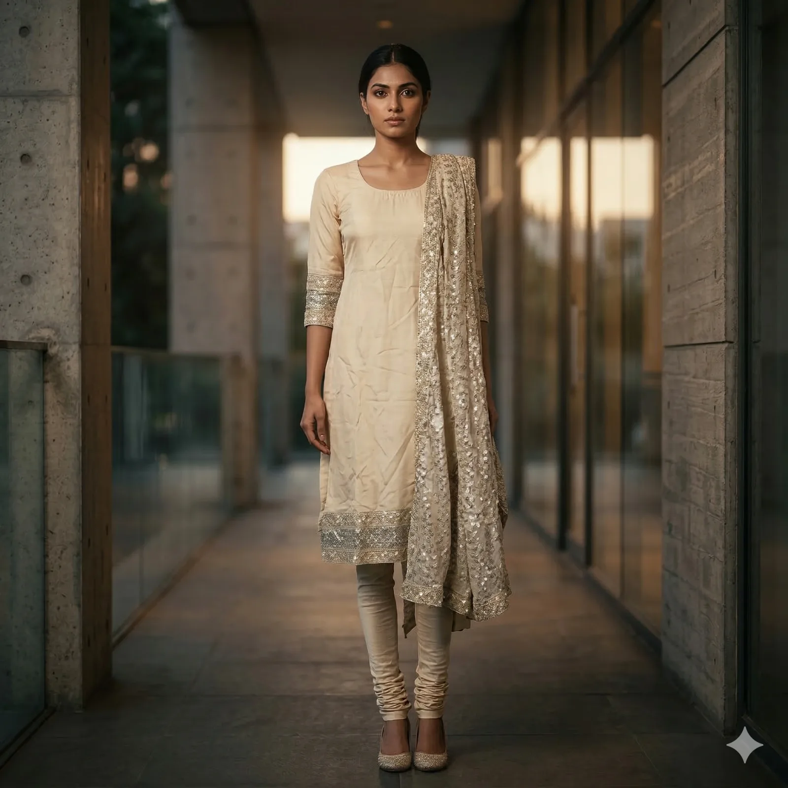 Golden Beige Kurti with Sequin Dupatta on Rent in Mumbai