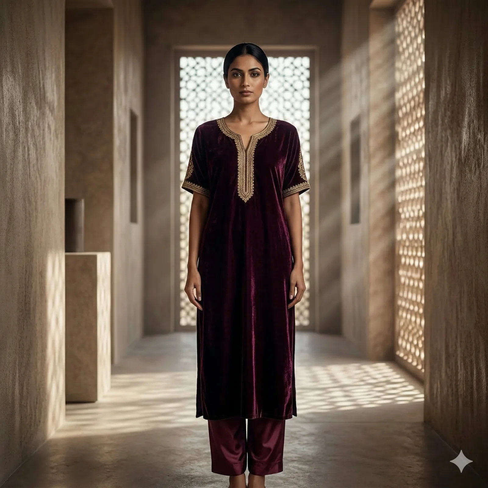 Dark Wine Velvet Long Kurti Set on Rent in Mumbai
