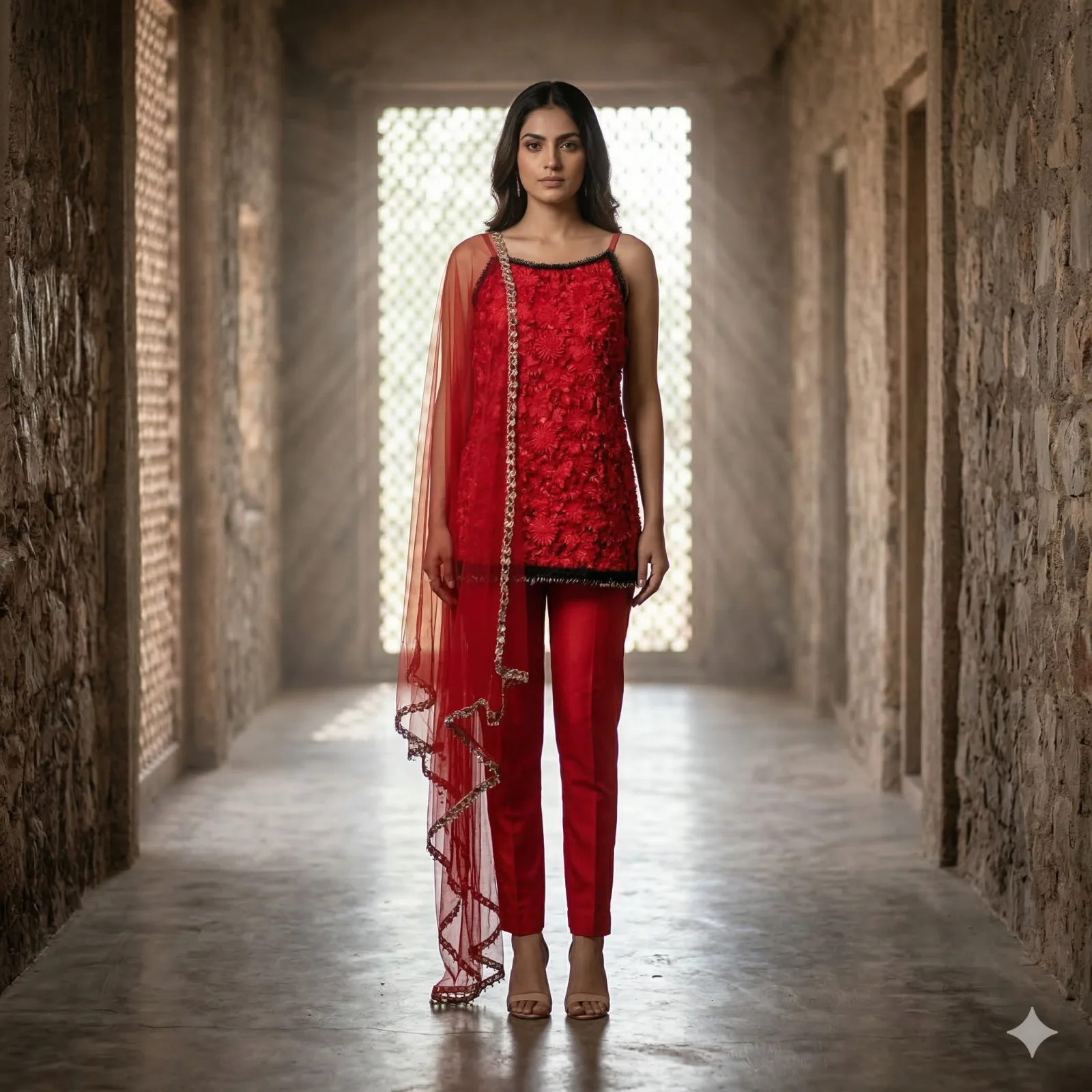 Red Net Embroidered Pant Suit on Rent in Mumbai